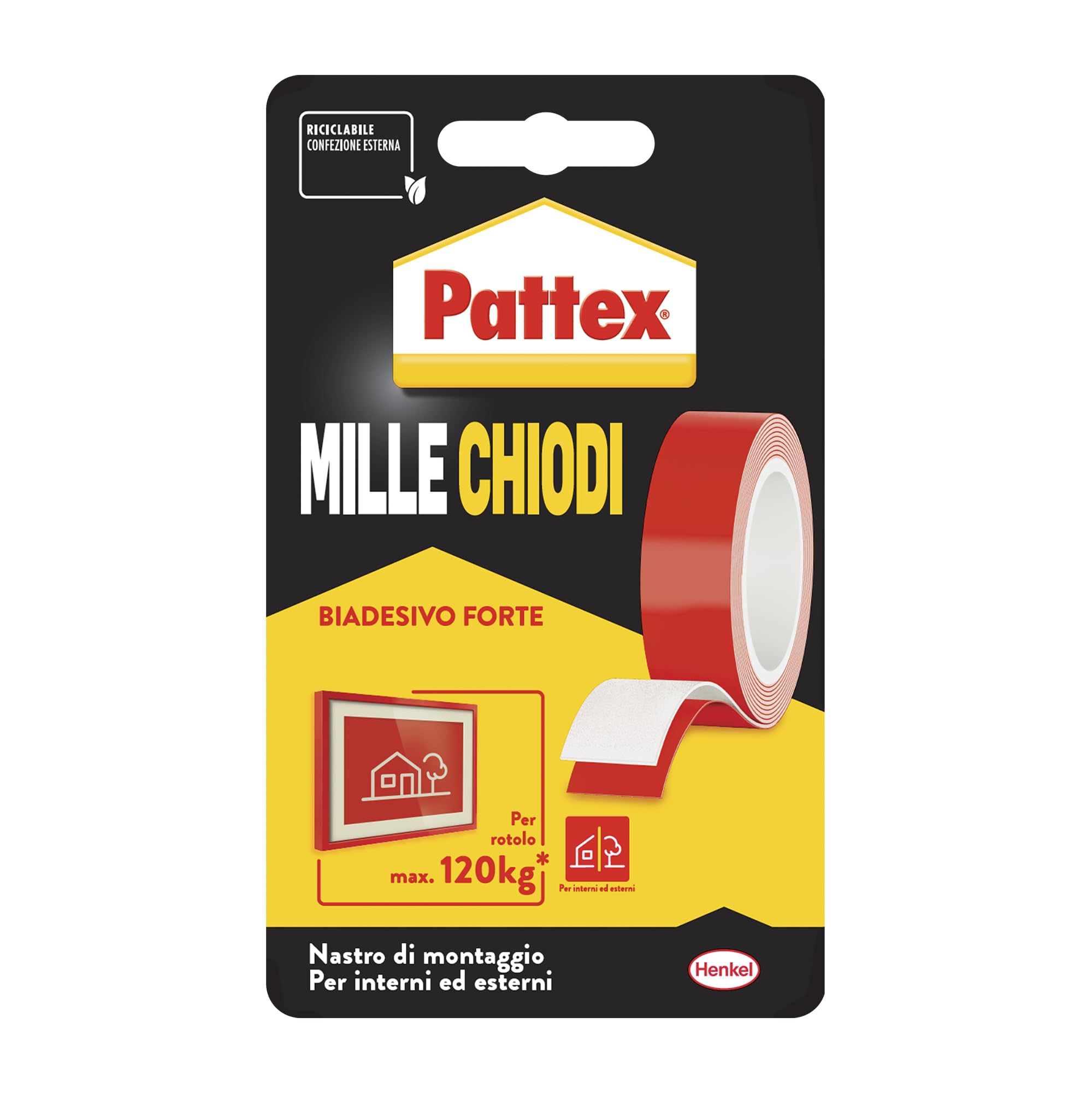 Pattex Millechiodi Tape, Nastro biadesivo extra forte per applicazioni permanenti, Nastro adesivo di montaggio per interni ed esterni, 19 mm x 1,5 m