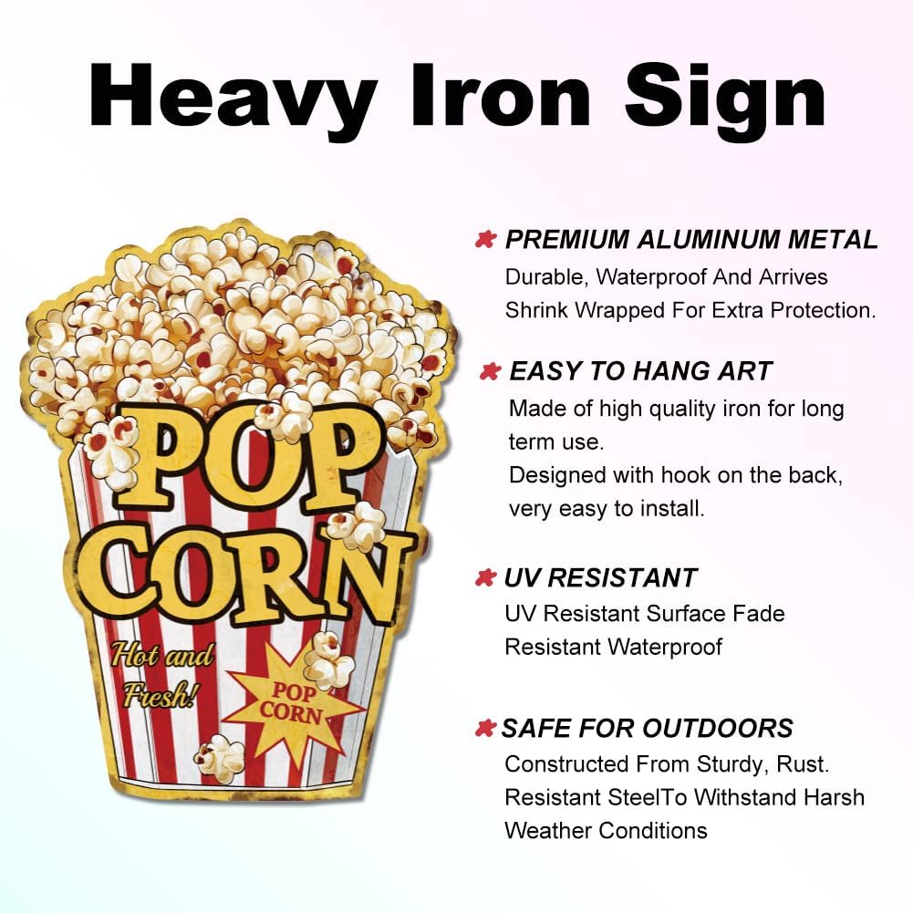 SUPERDANT Popcorn Retro Tin Signs Cinema Metal Sign Poster Movie Theater Store Vintage Wall Art Plaque Home Theaters Wall Decor for Kitchen Livingroom Bedroom Bar Man Cave Garage Decor Gift 10.2x9.6in image 2