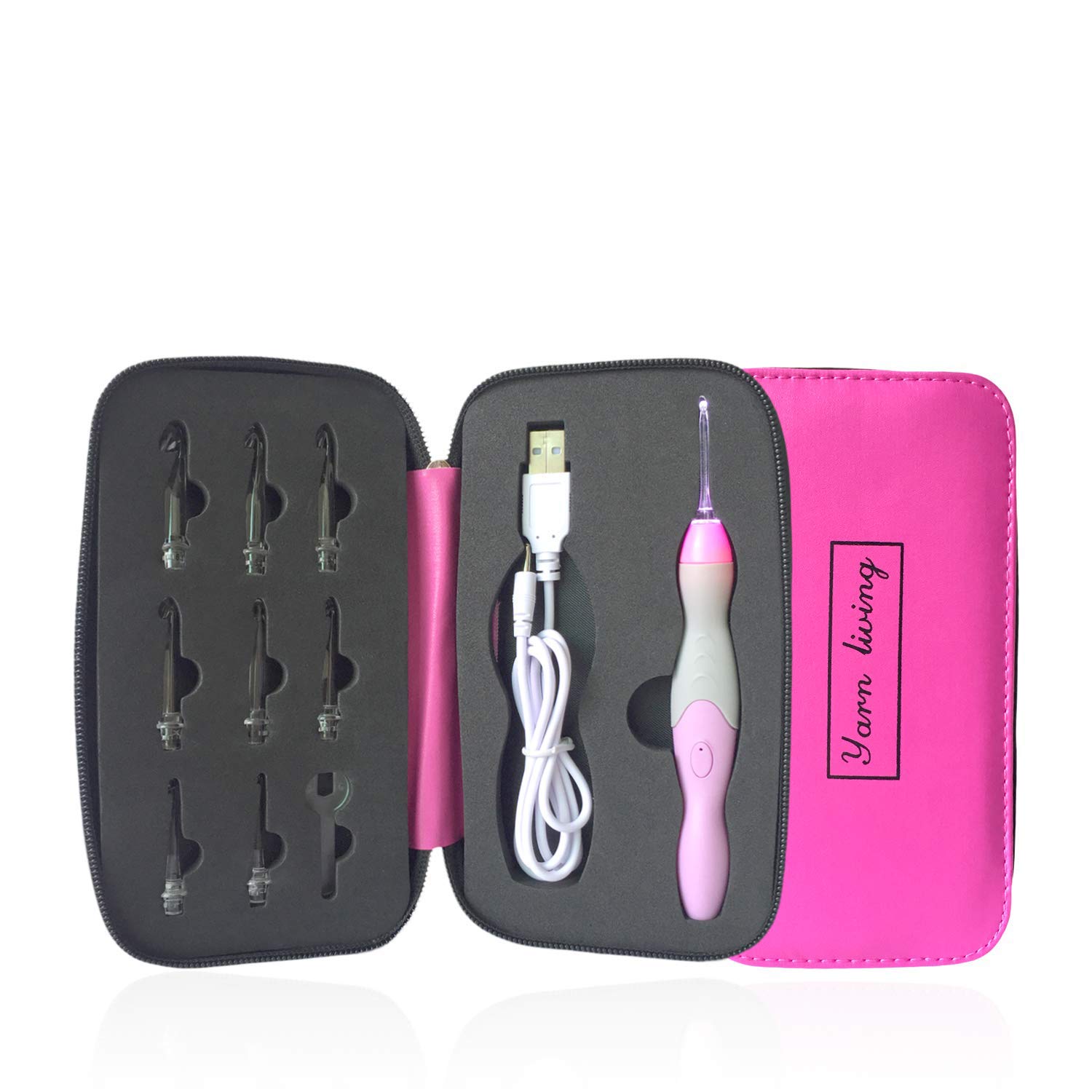 Rechargeable & Light Up Crochet Hooks Set - Interchangeable 9 Sizes of Lighted Crochet Hooks Heads(2.5mm to 6.5mm) - Accessories and Case Pink HH20180215001RC