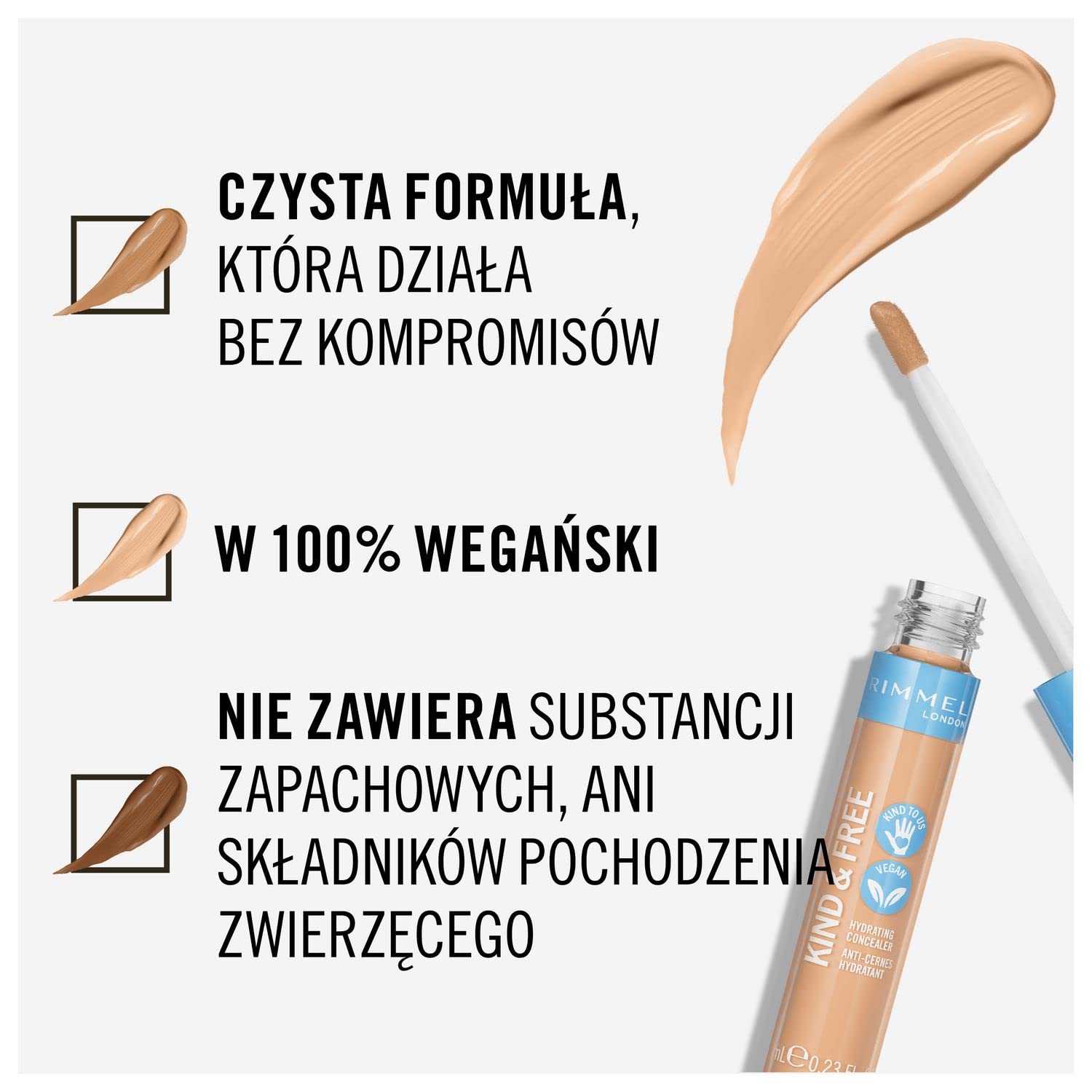 Rimmel KIND&FREE - wegański korektor nawilżający, płynny korektor do cieni pod oczami, testowany dermatologicznie, nr 10 Fair, 7ml