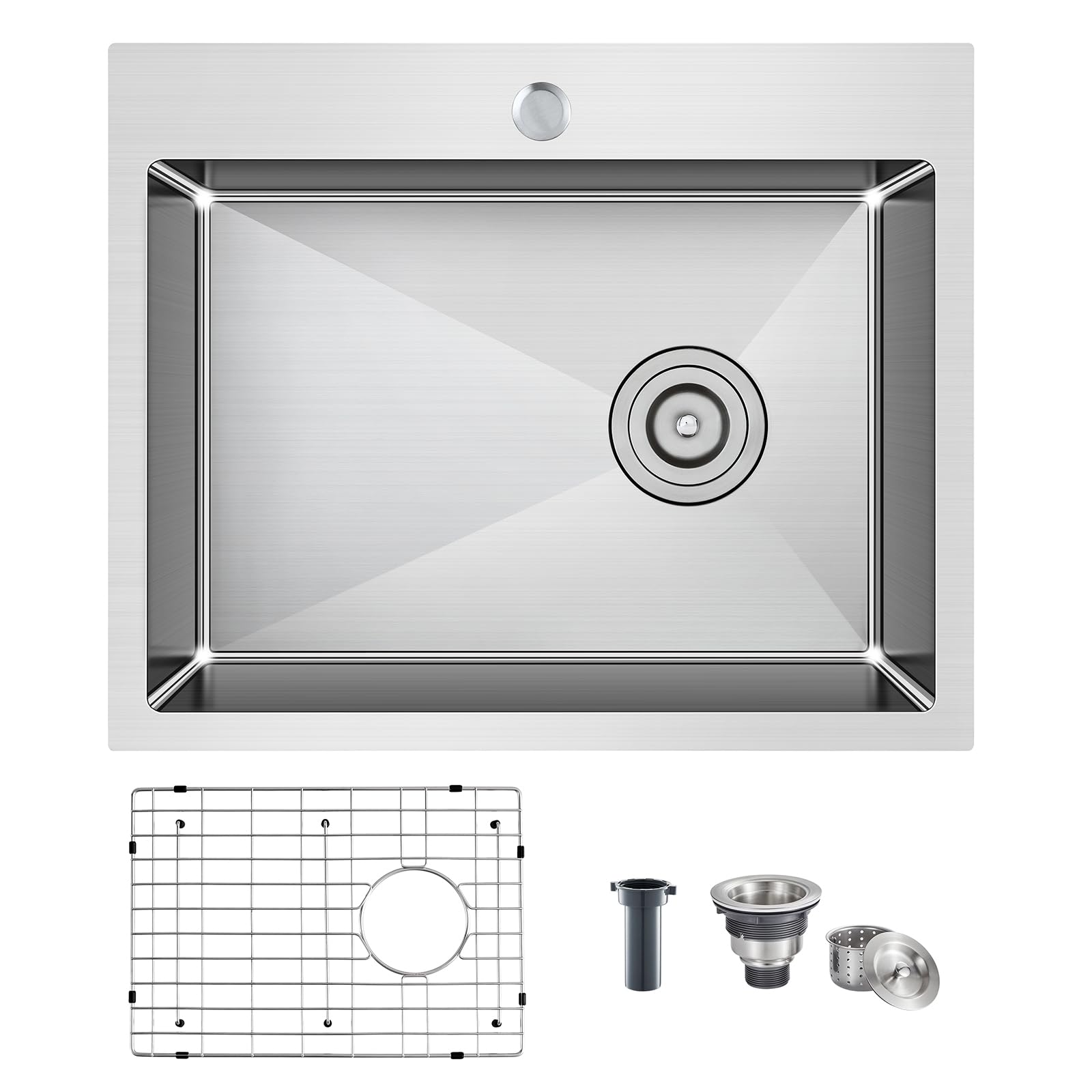 22 inch Drop-in Kitchen Sink Single Bowl, Small Topmount Kitchen Sink with Protective Bottom Grid, Overmount 304 Stainless Steel Kitchen Bar Sink Handmade with Basket Strainer, 22×18×9 inch