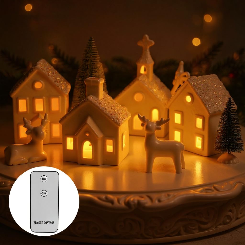 Weihnachtsdekorationen für den Innenbereich, 9-teiliges Weihnachtsdorf-Set mit 4 Fernbedienungen, beleuchteten Keramikhäusern, 2 Bäumen, 2 Hirschen und Weihnachtsmann, neutralweiß