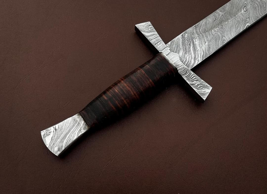 30 Inch Double Edge Medieval Sword, Handmade Damascus Steel Fixed Blade, Leather Handle, Hunting Sword with Leather Sheath for Combat, Hiking, Camping by Empire Industry