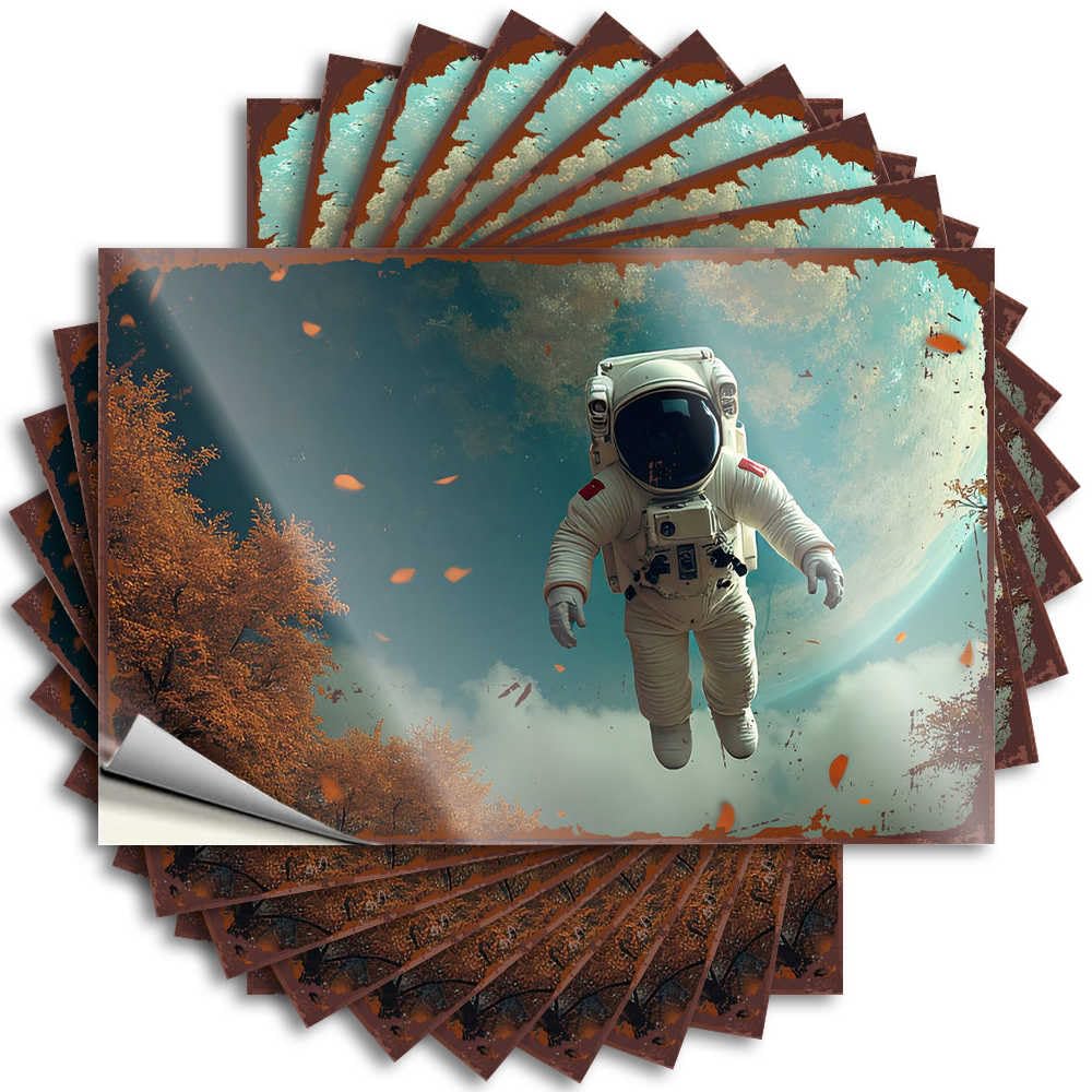 Funny Patio Decor Garage Sticker - Astronaut Floating Amidst Autumnal Trees and Planets Snarky Durable Sticker Easy Apply for Sports Decor(12X18CM)