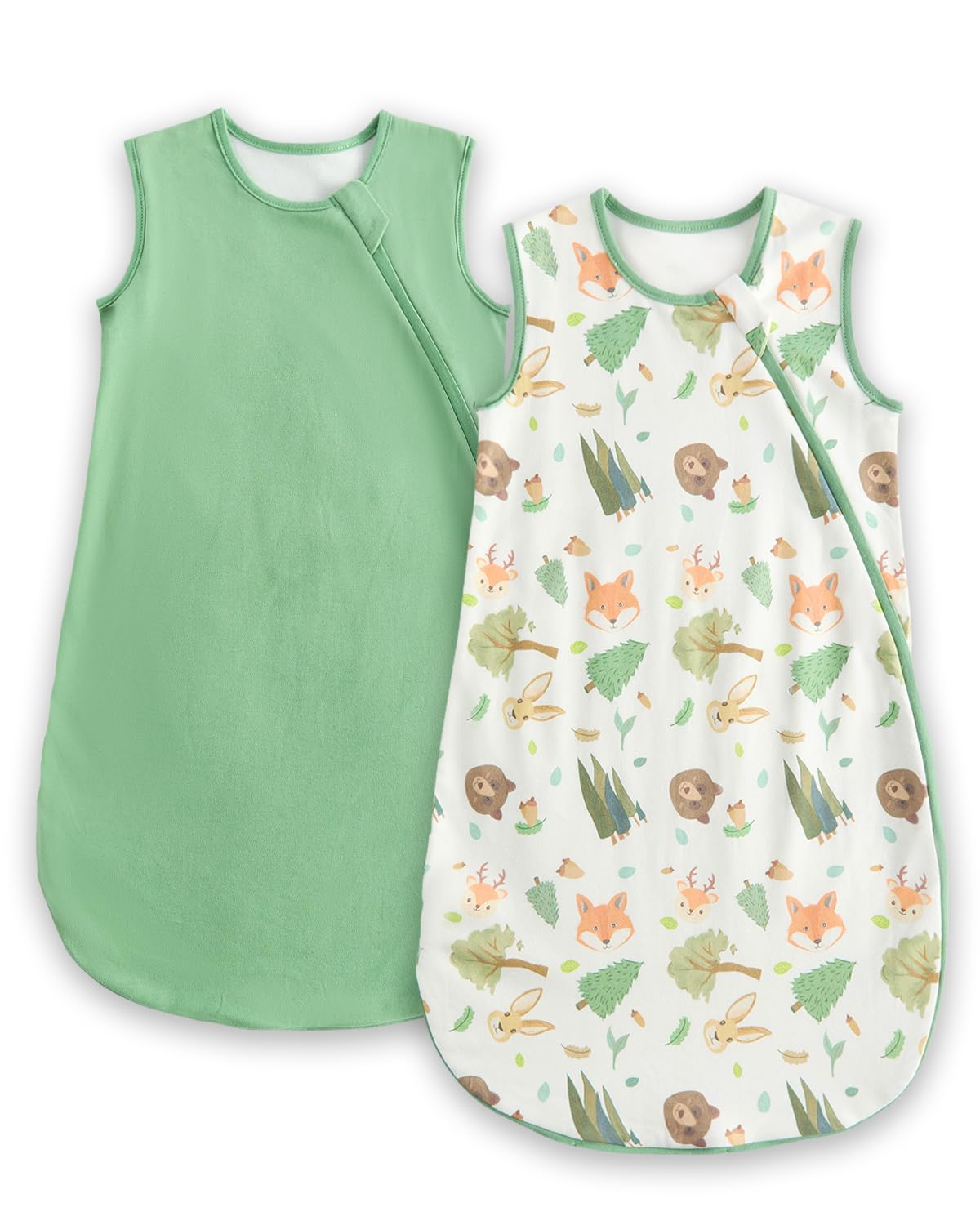 WYTbaby 2 Pack Baby Sleeping Bag 1.0 Tog - 100% Cotton Baby Sleep Sack Wearable Blanket for Infants 0-6 Months,Fox Print + Green