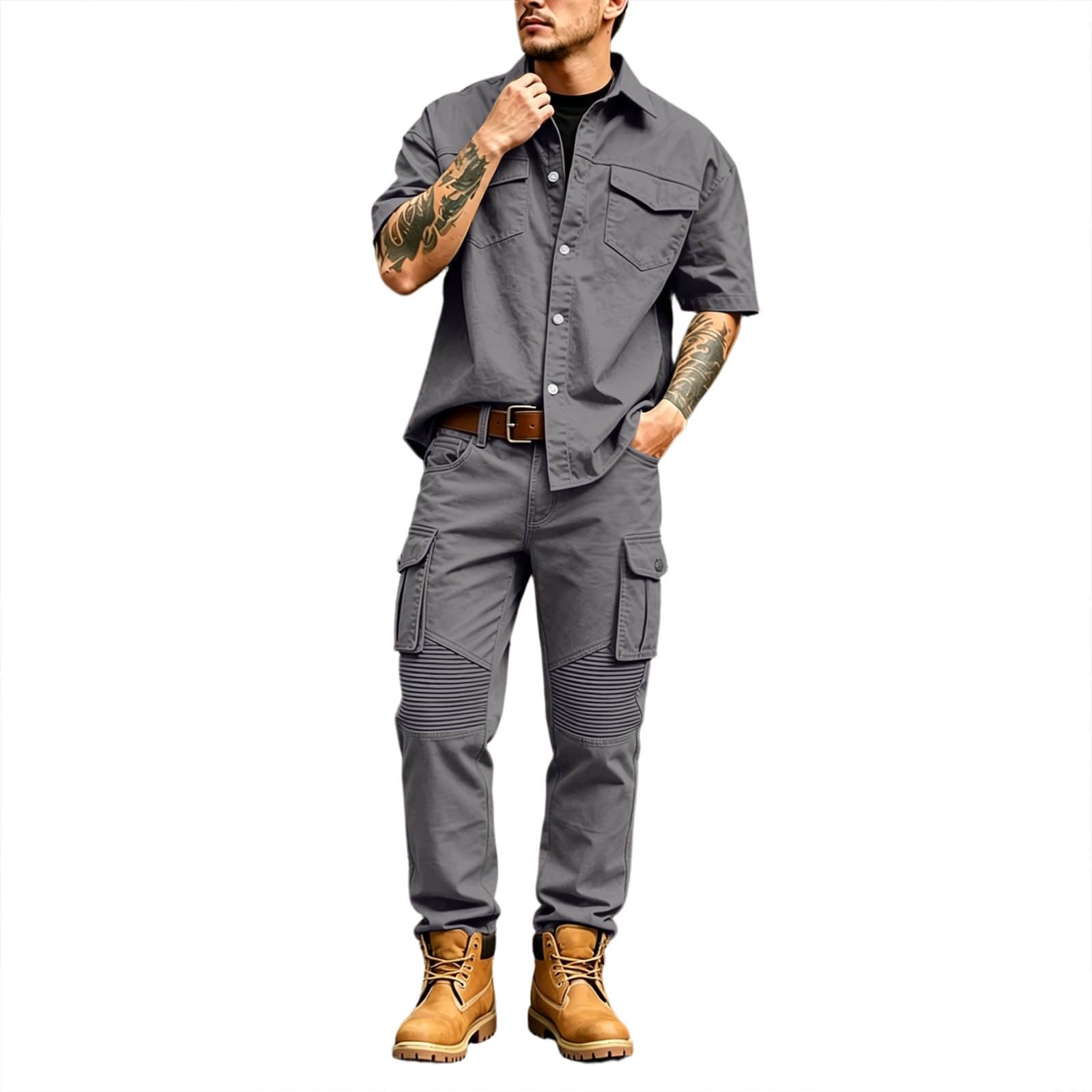 Tuta da jogging da uomo, pantaloni cargo e camicia da lavoro | Con abbottonatura, multitasche, robusto, per giardinaggio, fai da te, all'aperto, leggero, comodo, traspirante
