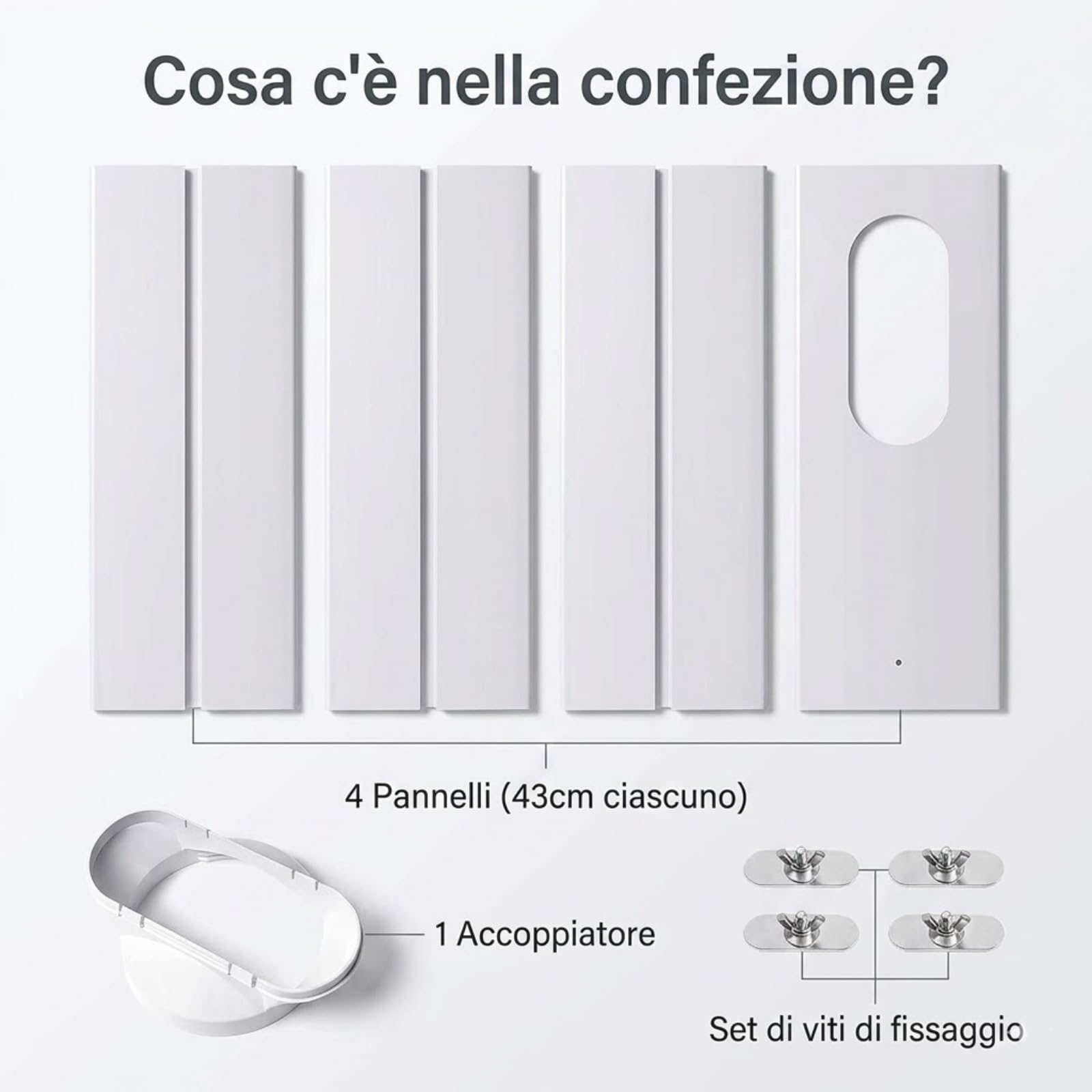 Kit Finestra Condizionatore Portatile Universale, 4 Pannelli (10x43 cm) Regolabile Fino a 140 cm, Adattatore per Finestre e Porte Scorrevoli, Guarnizione Sigillante Senza Fori per Isolamento Termico