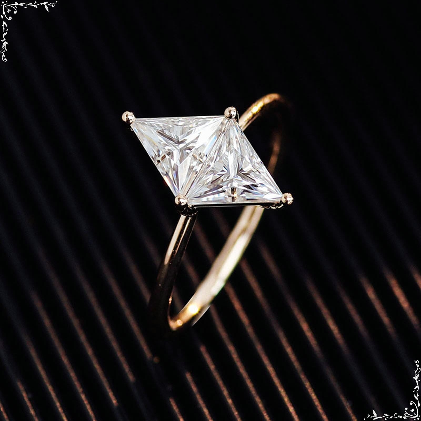 Anillos de compromiso de oro amarillo de 14/9/18 quilates Sin piedras preciosas, anillo de boda con doble triángulo Moissanite Anillos Mujeres