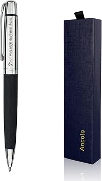 Ancolo Engraved Silver Chrome Ballpoint Pen - Stunning Luxury Pen with PU Leather, Custom your Message, Name, Pen Gift Set for Men & Women, Professional, Executive Office, Nice Pens