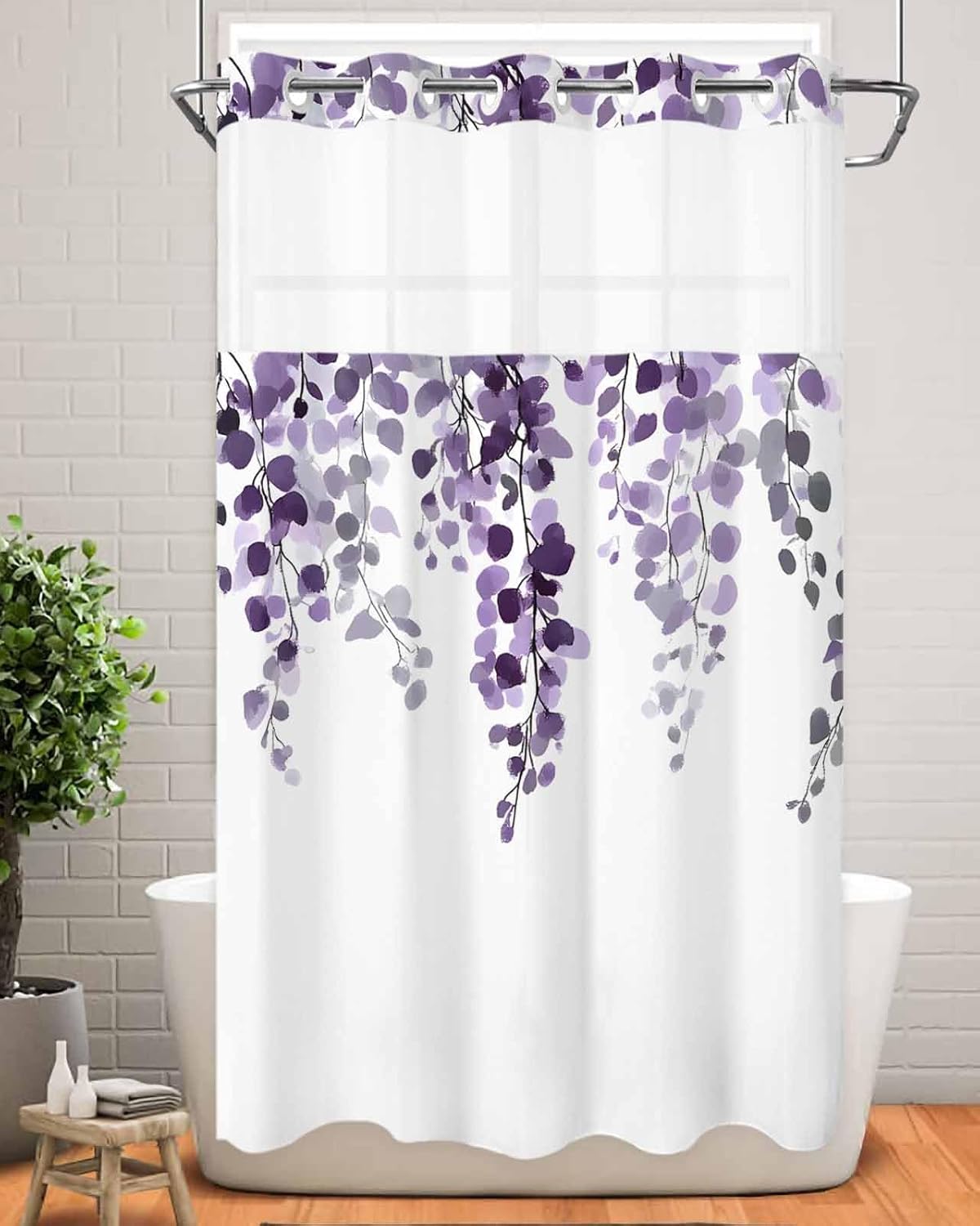 No Hook Shower Curtain with Snap in Fabric Liner Set- Watercolor Eucalyptus Leaves on White Bathroom Curtains with See Through Mesh Top Window,Purple Theme Waterproof Double Shower Curtain 36x78In