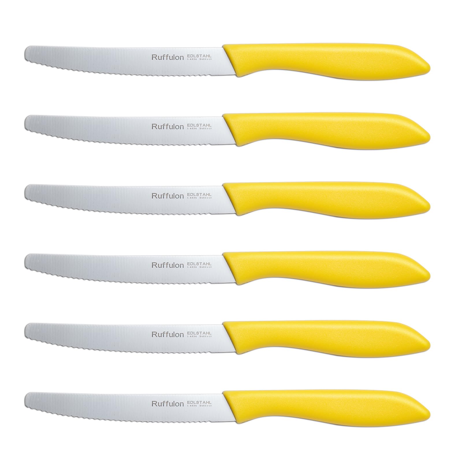Ruffulon Tomato Knife, 6-Piece Set, Stainless Steel Serrated Kitchen Knife Set,Sharp Classic Utility Knifes,Wavy Edge Tomato Knives&Table Knives,Plastic Handle Dinner Knifes,Kitchen Knives Set,Yellow