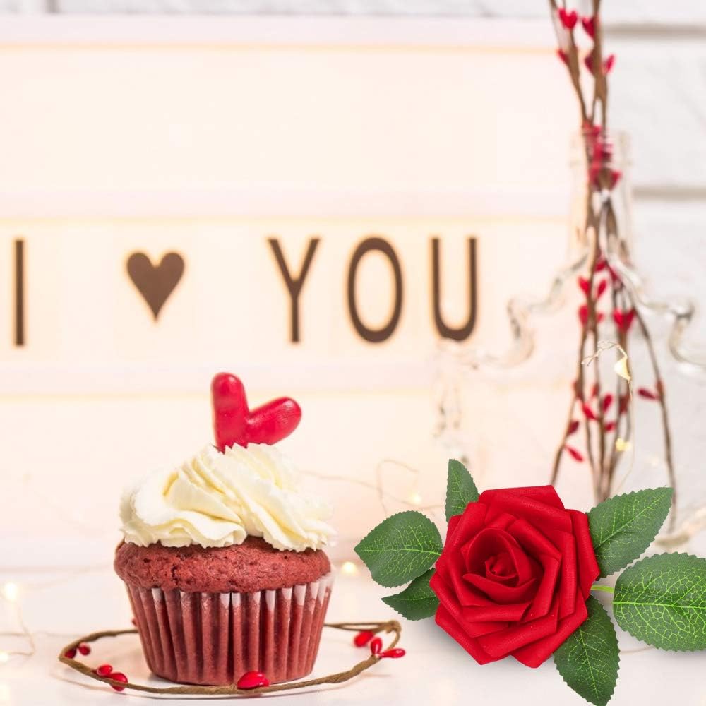 AmyHomie Artificial Flowers Dark Red Rose 50pcs Real Looking Fake Roses w/Stem for DIY Wedding Bouquets Centerpieces Arrangements Party Baby Shower Valentines Day Christmas Tree Decorations - Image 4