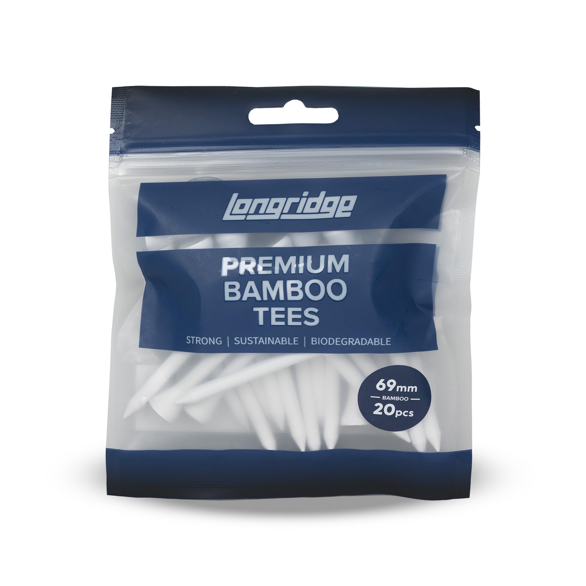 Longridge Bamboo Golf Tees, 69mm (20 Pcs), White, Sustainable Biodegradable Golf Tees