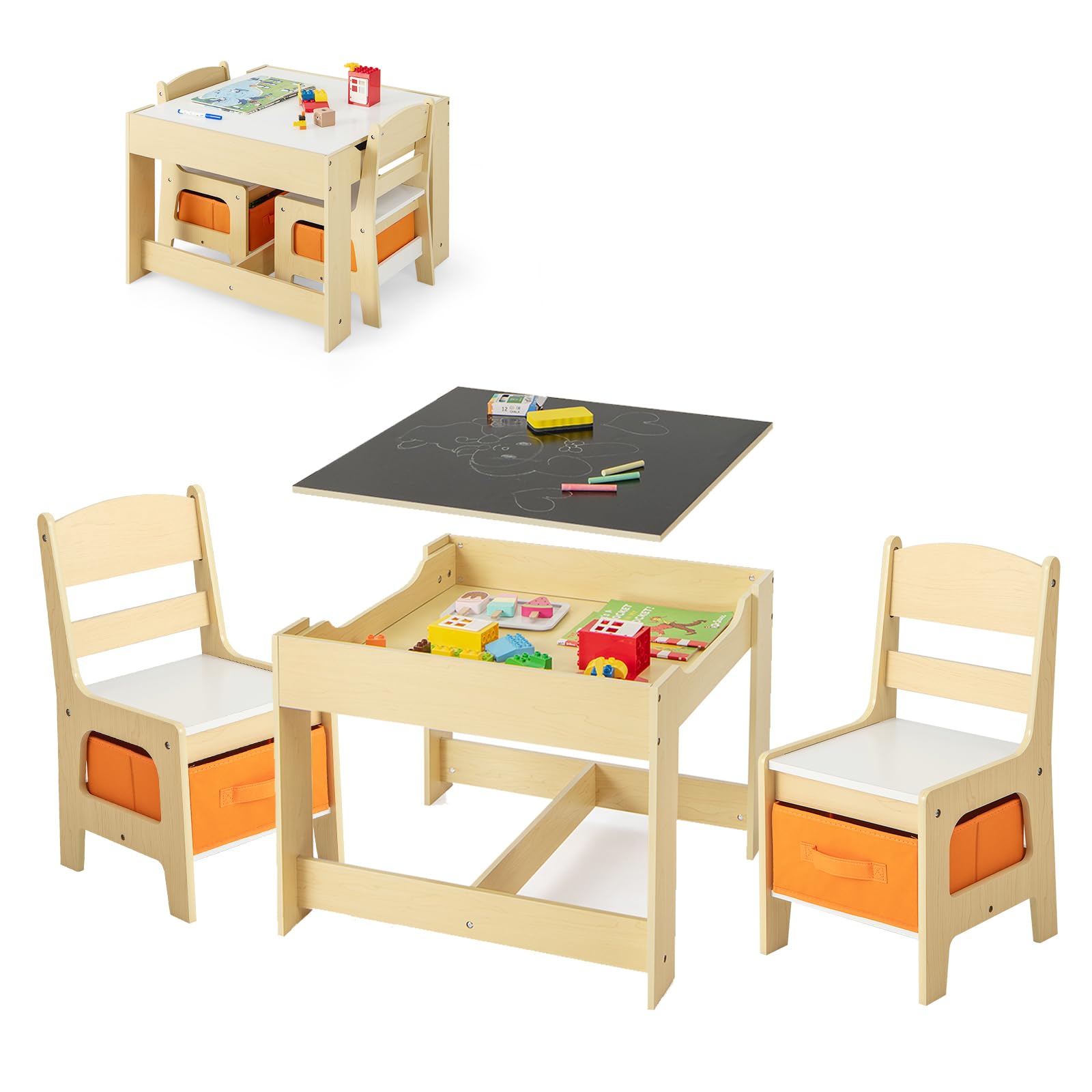 GLACER Kids Table and Chairs, 3 in 1 Wooden Activity Table with Storage, Reversible Tabletop, Chalkboard for Crafts, Drawing, Reading, Toddler Table and Chair Set for Playroom, Easy to Clean(Natural)