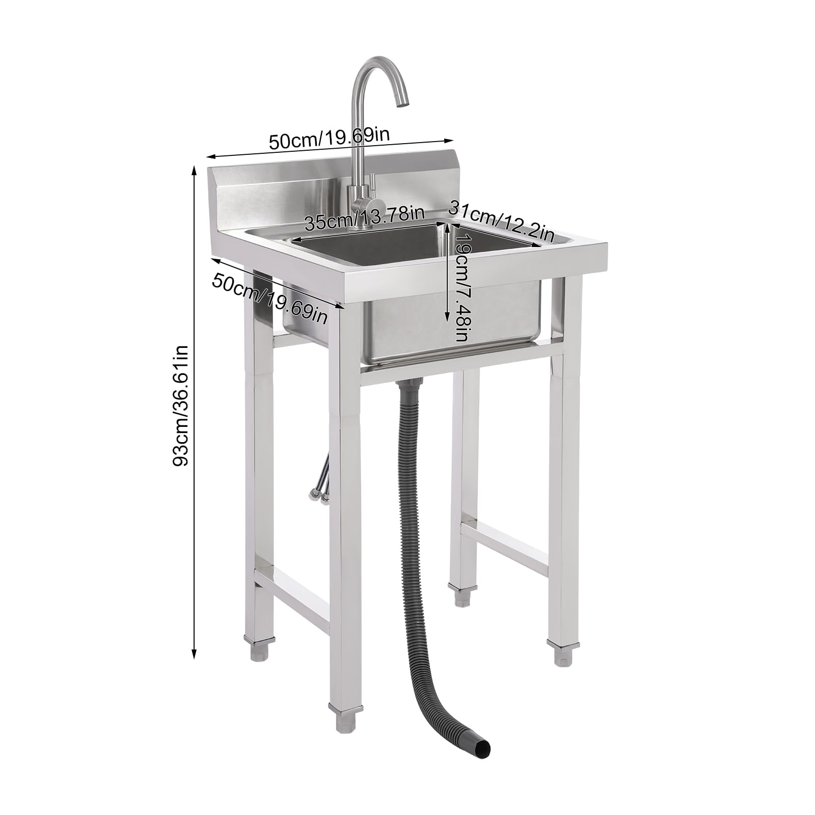 Évier de cuisine commercial sur pied avec robinet rotatif à 360° - En acier inoxydable - Pour nettoyer la vaisselle - 50 x 50 x 93 cm