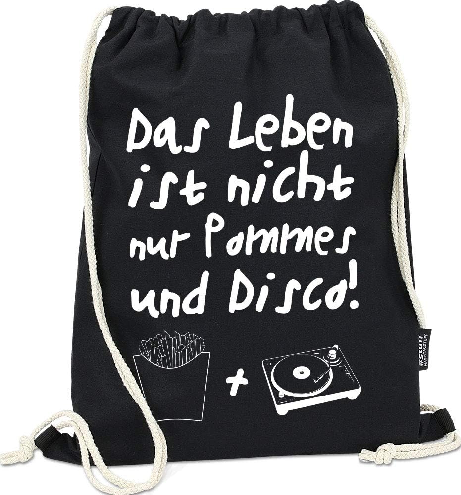 HASHTAGSTUFF® gymnastic bag with saying / different sayings and designs selectable / bag: black / backpack / jute bag / sports bag / hipster, POMMES (black) - HS001-26