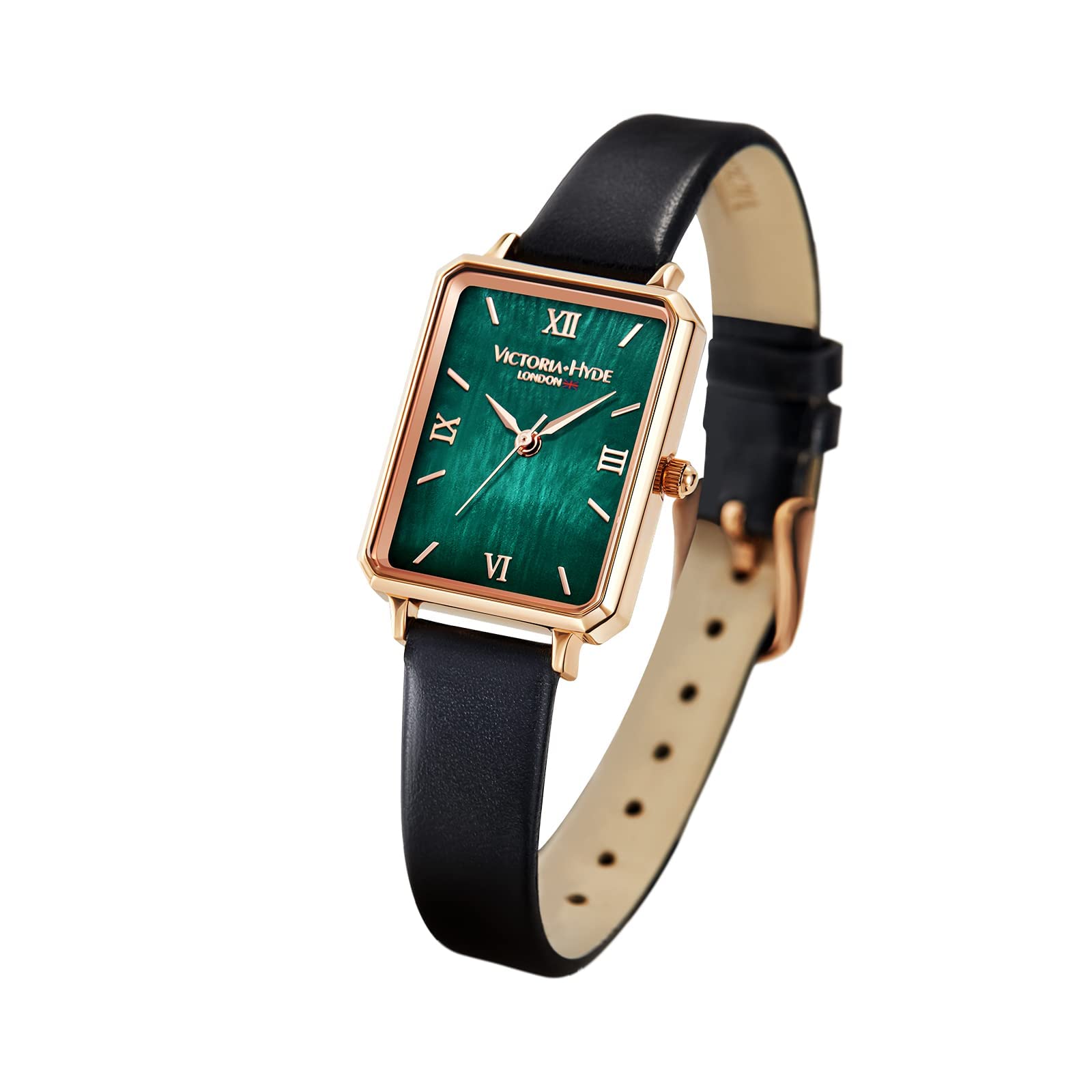 VICTORIA HYDE Gorgeous Women's Watch Green Mother of Pearl Dial Elegant Timepiece Rectangular Face Watches with Black Leather Band (Black)
