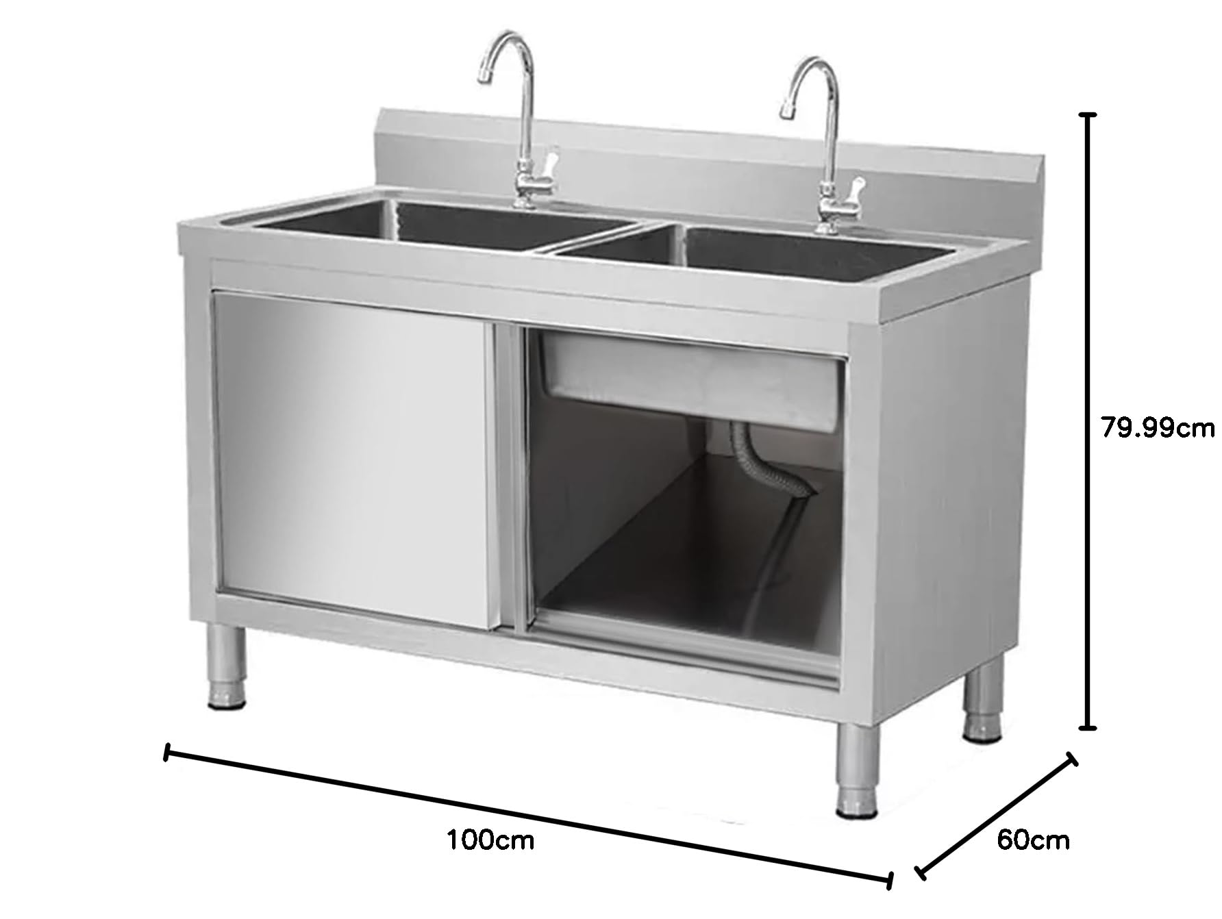 Fregadero de Cocina Comercial de Acero Inoxidable Fregadero Exterior Jardin 2 Seno Acero Inoxidable con 2 Puertas con Estantes de Almacenamiento Para Cocina Garaje Lavandería Exterior(100*60*80cm/39.3