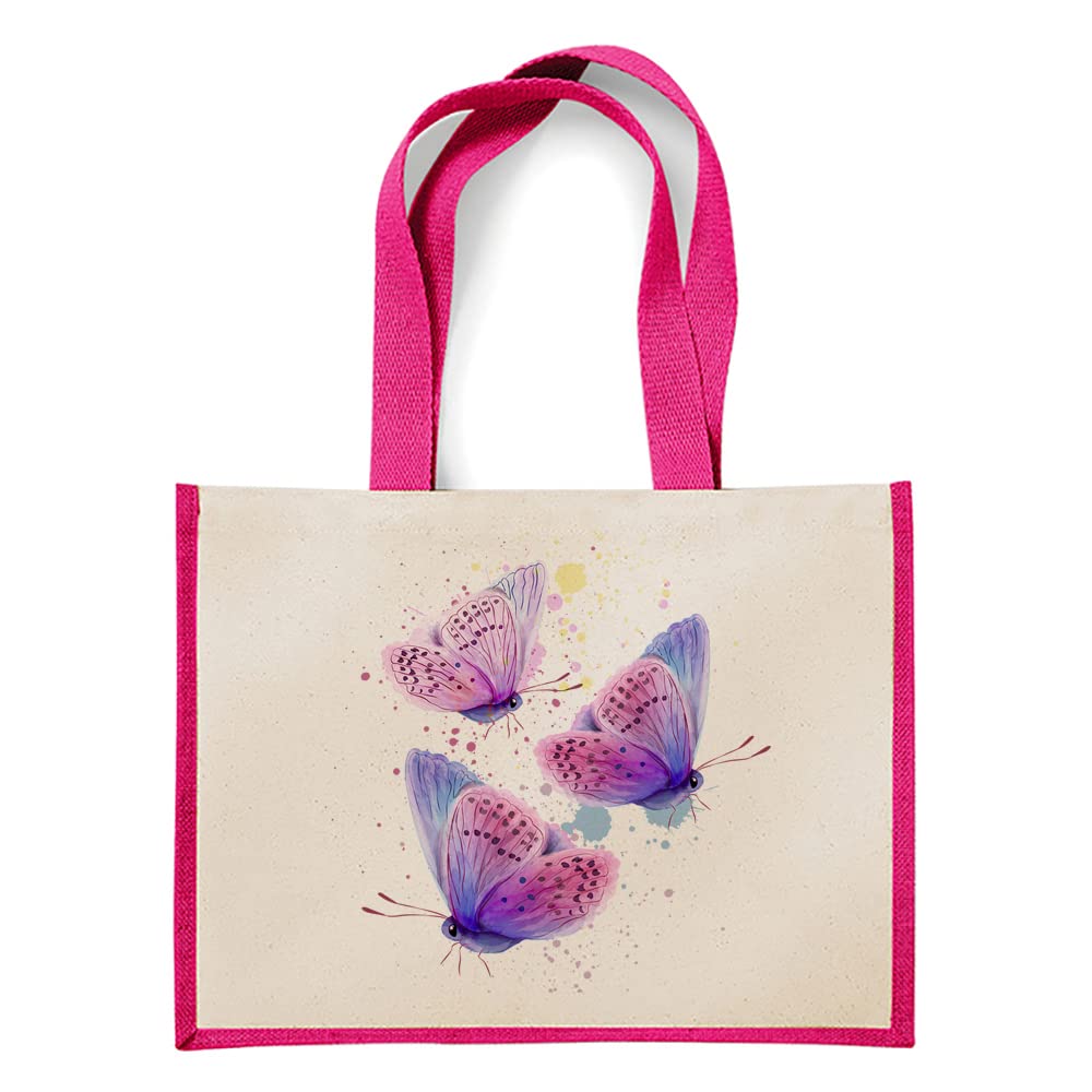Getagift Butterfly Butterflies Design Water Colour Painting Rainbow Art Birthday, Christmas, Secret Santa Reusable Bag, Shopping Canvas Jute Bag. (Pink)