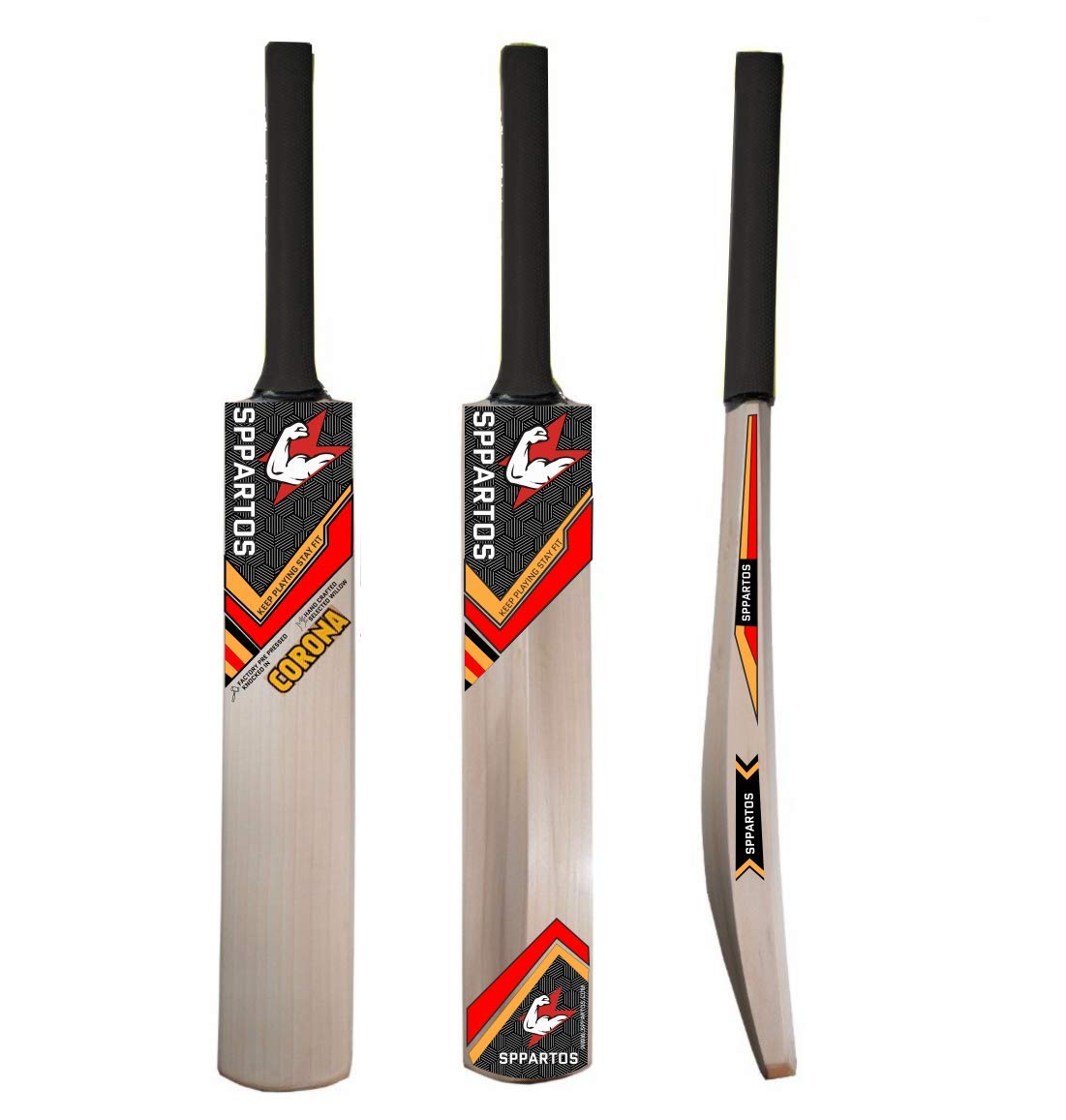 Sppartos Corona Kashmir Willow Cricket Bat with Half Cane Handle - Full Size Cricket Bat for Leather/Hard Tennis Ball Play - Ideal for All Skill Levels