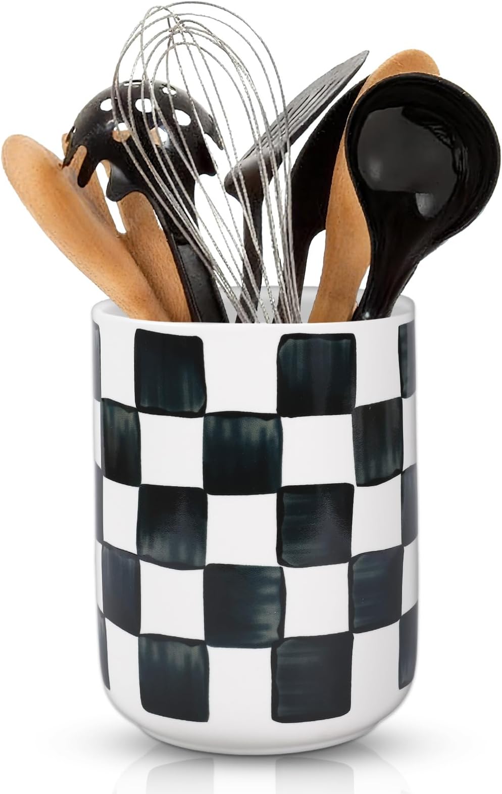 Checkered Ceramic Utensil Holder Watercolor Black White Plaid Utensil Crock for Home Kitchen Countertop Storage Organizer