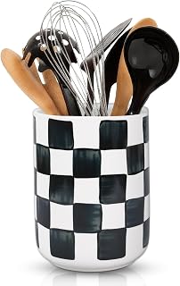 JarThenaAMCS Kitchen Utensil Holder 6.3 Inch Checkered Ceramic Cooking Utensil Holder Modern Watercolor Black White Plaid Utensil Crock for Home Kitchen Countertop Storage Organizer Container