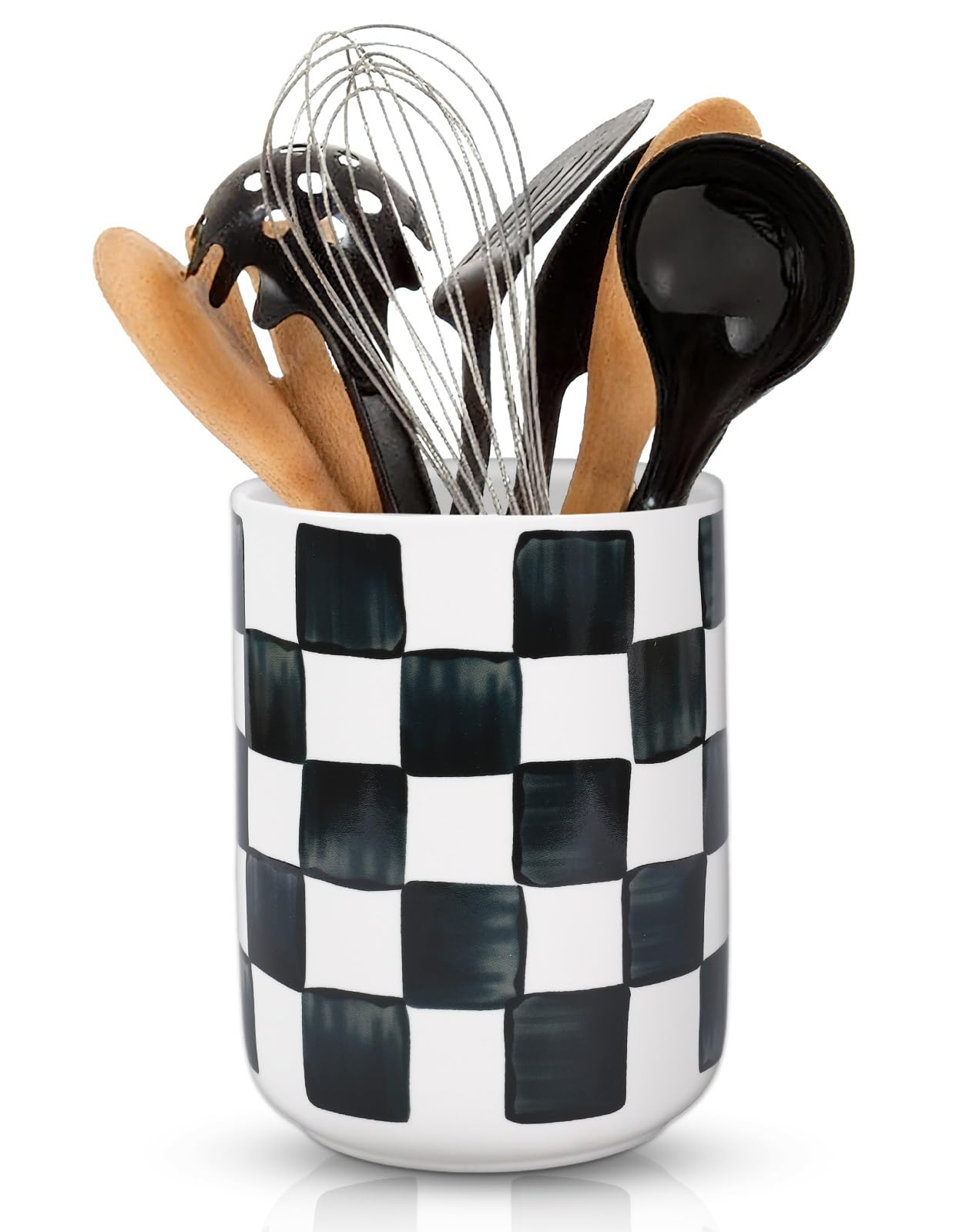 JarThenaAMCS Checkered Ceramic Utensil Holder Watercolor Black White Plaid Utensil Crock for Home Kitchen Countertop Storage Organizer, Set of 2
