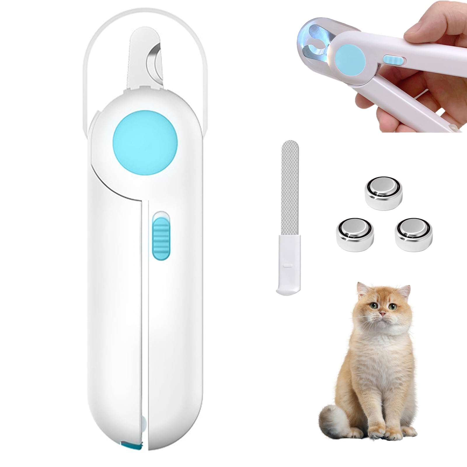 Uncle Yang Tier Nagelknipser mit LED Licht – Krallenschneider aus Edelstahl mit Feile & Spritzschutz, Haustier Krallenschere für Katzen Hunde Kaninchen Kleintiere (Blau)