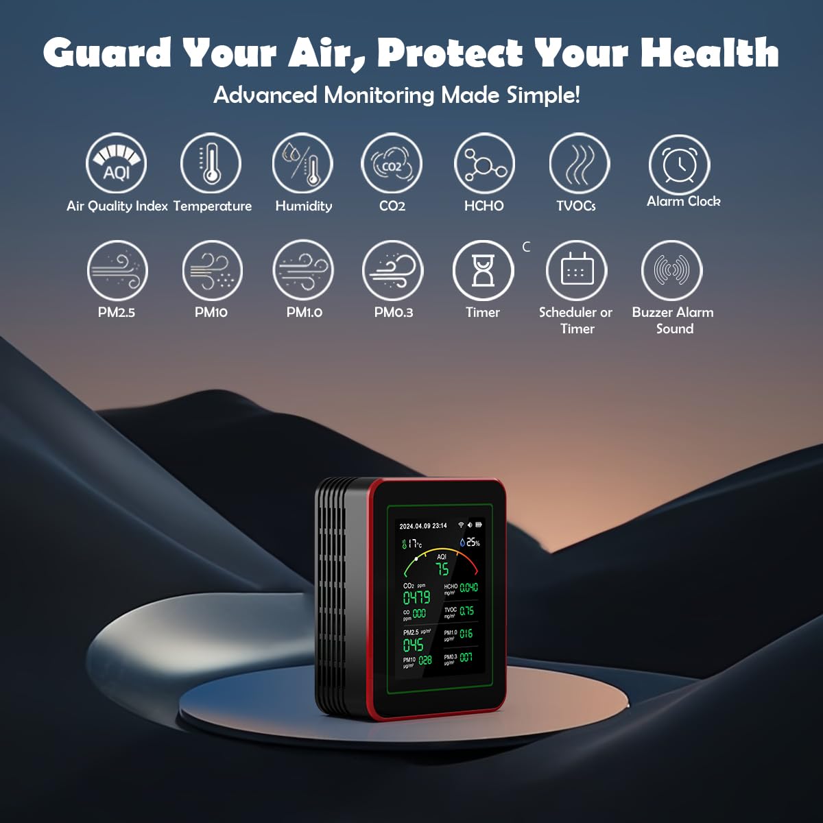 Monitor de calidad del aire 15 en 1 con aplicación para teléfonos inteligentes: sensor CO₂, medición PM2.5/PM10, VOC, HCHO, analizador de calidad del aire interior con AQI en tiempo real