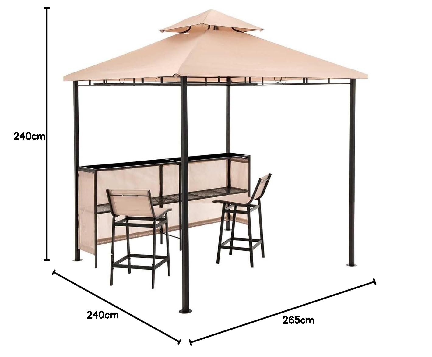 OUTLIV. Gartenpavillon, mit Bar und 2 Stühlen, strapazierfähig, langlebig, inkl. Thekenabdeckung und integrierter Dachlüftung, 240x240x250, Beige