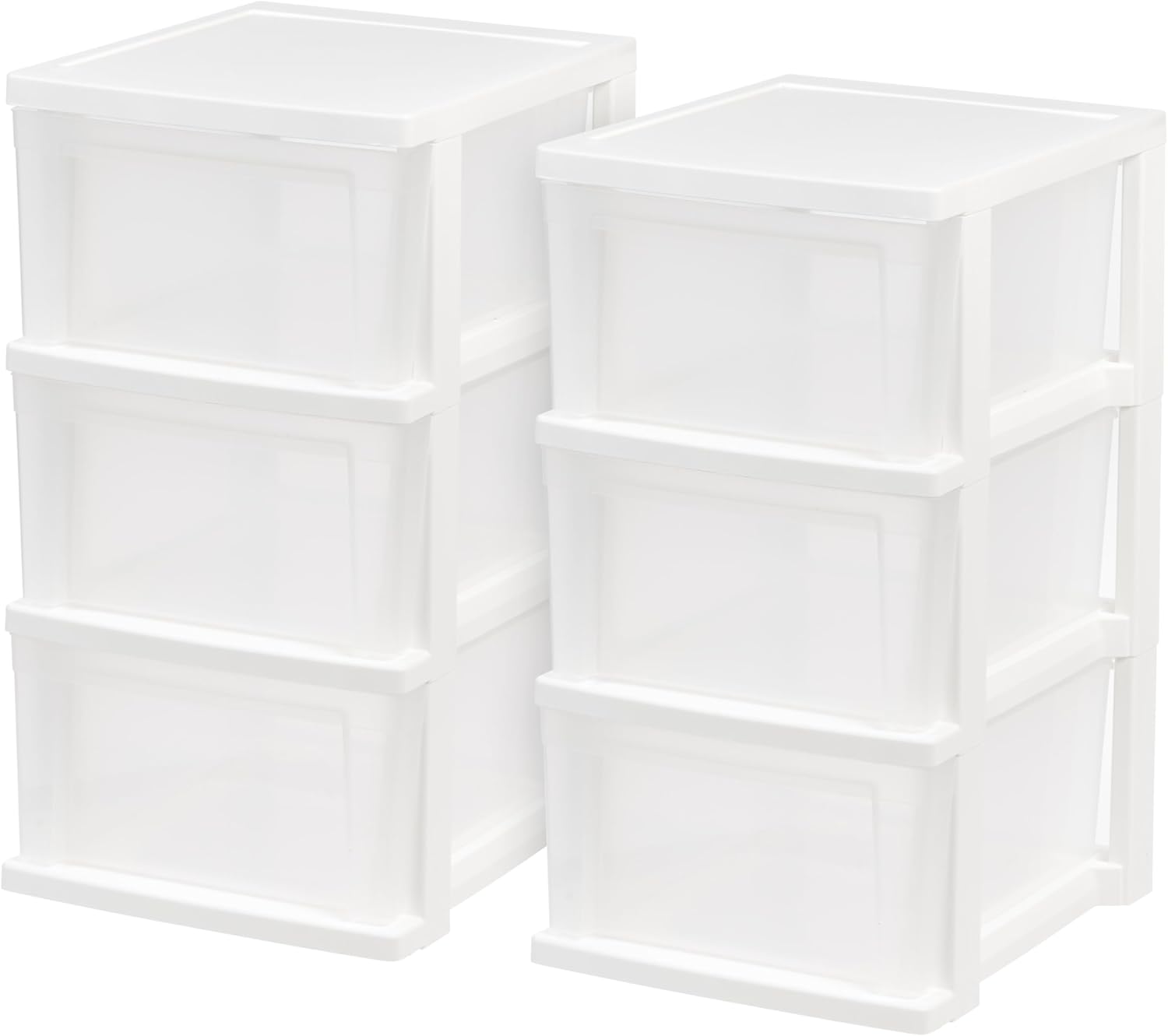 iris usa plastic drawer storage organizer, 3-drawers, 2-pack, for classroom art craft supplies, bathroom bedroom, laundry room, white/clear 3 drawer white