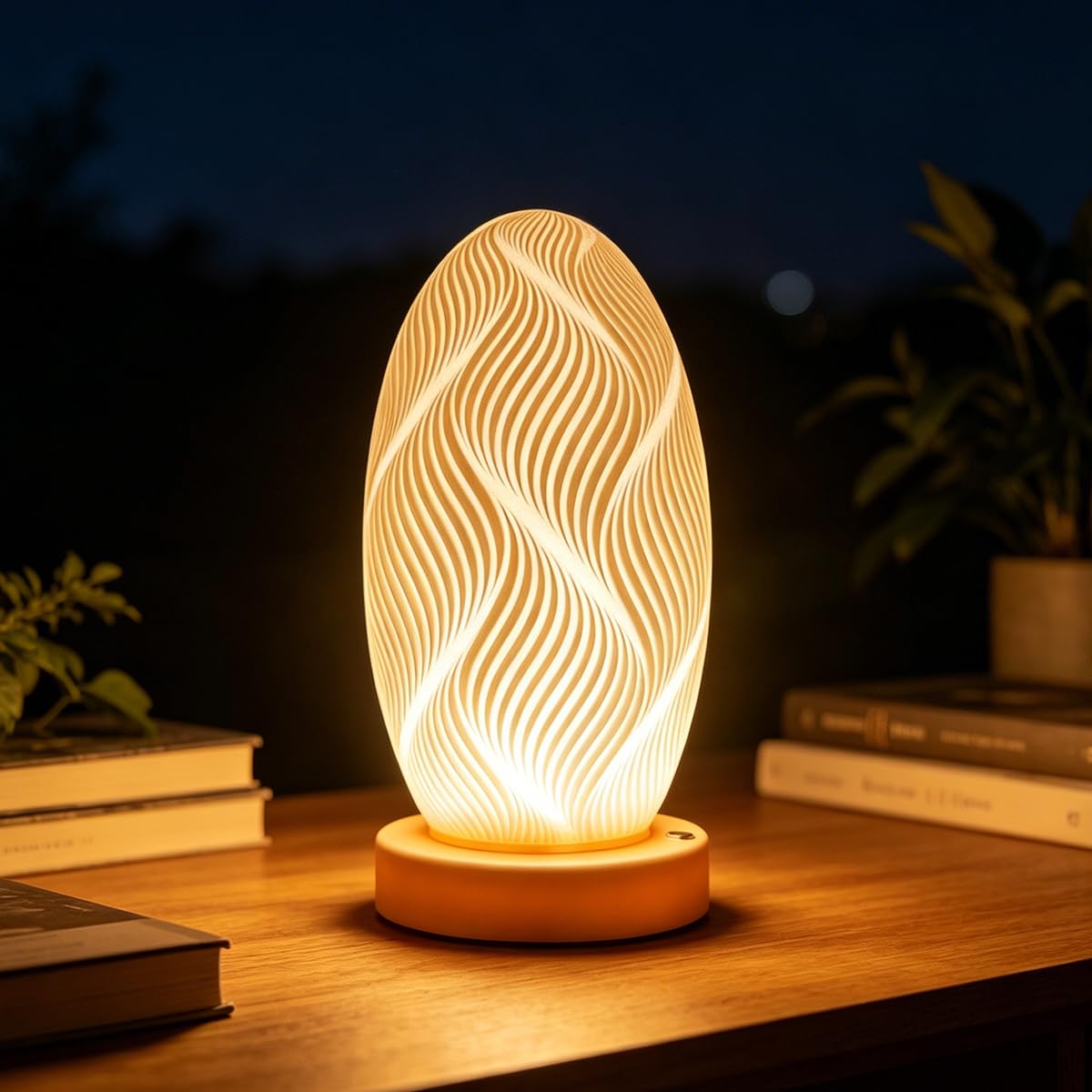 Bedside Lamp - Touch Control 3-Way Dimmable Table Lamp, 3D Wavy Textured Ambient Desk Light – Warm White Nightstand Lamp for Bedroom, Living Room & Office – Decorative Oval Aesthetic Lighting