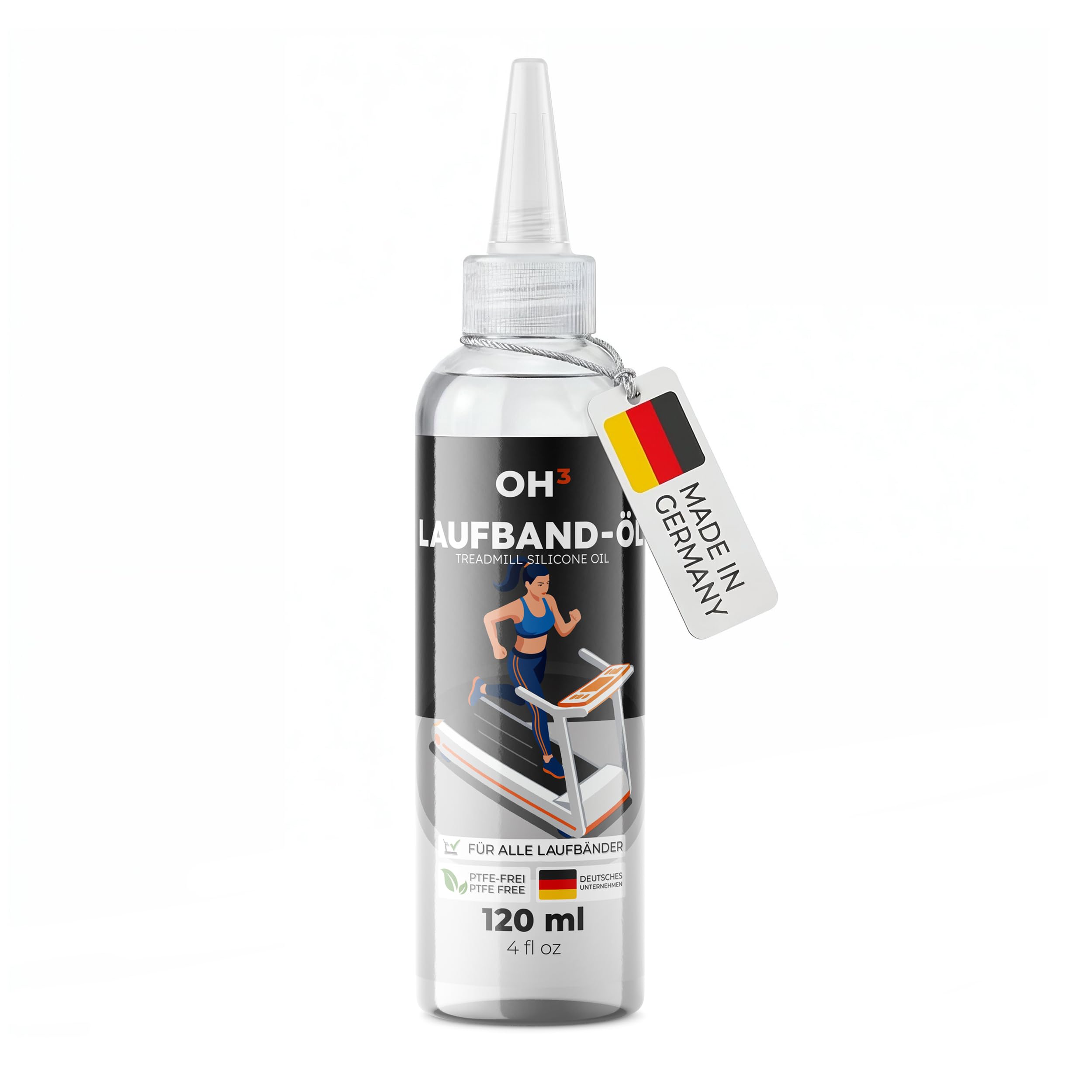 OH3 Laufband-Öl 120 ml - 100% reines Silikonöl Schmiermittel mit Schraubspitze für präzise Dosierung 350cSt - Reduziert Reibung & Geräusche - Zur Wartung von Laufbändern, Crosstrainern & Heimtrainern