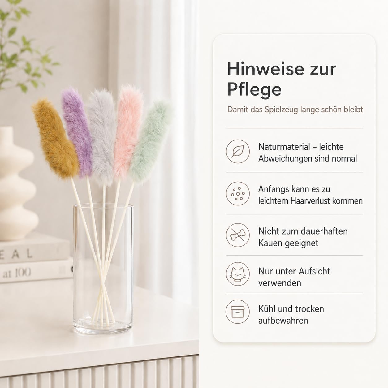 Katzenspielzeug Set – 5X Katzenangel mit echtem Hasenfell – Handgefertigte Spielangel für Katzen – Weiches Federspielzeug für Jagdspaß – Interaktives Spielzeug für Hauskatzen