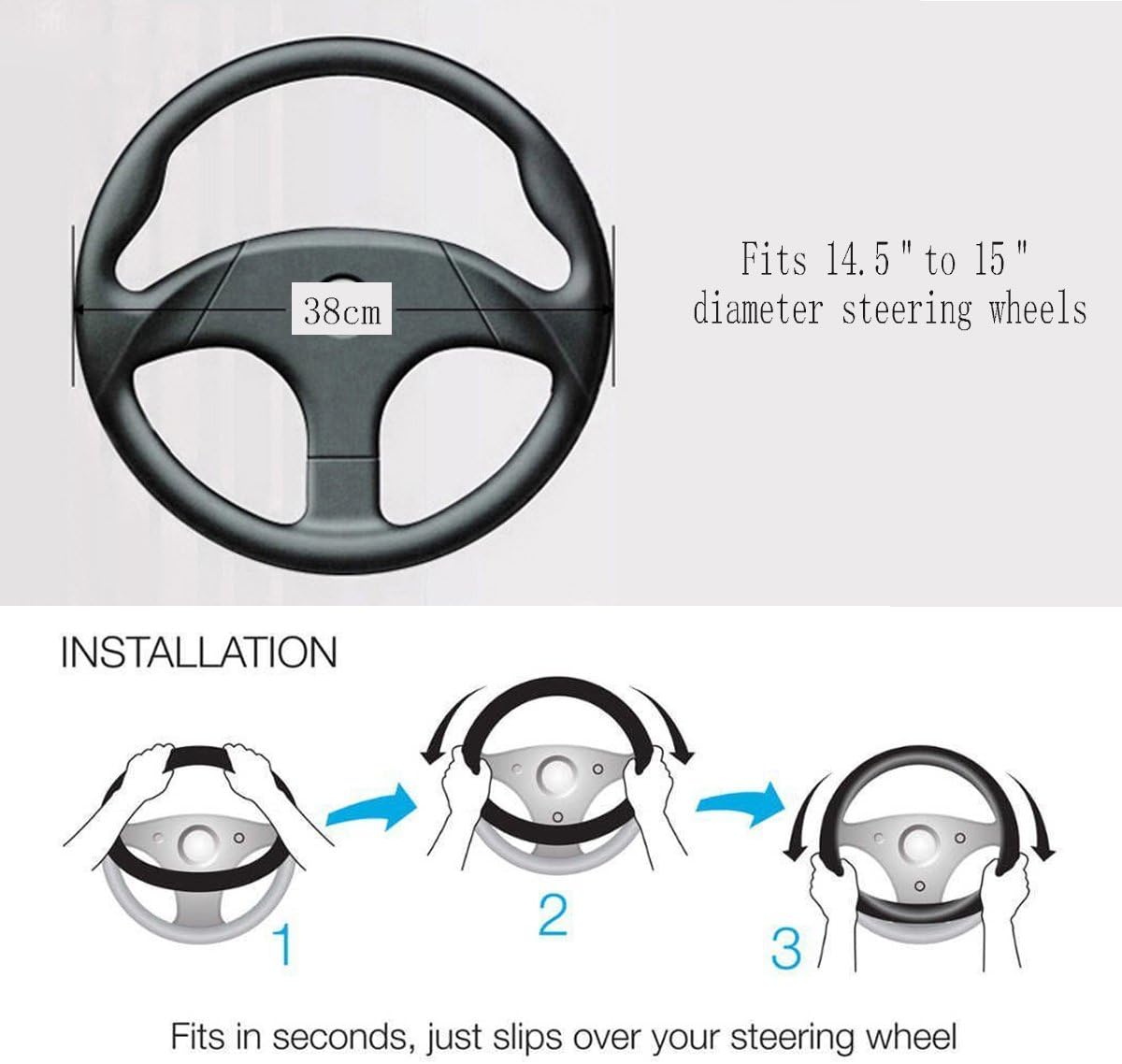 superart Steering Wheel Covers with Genuine Leather Universal 15 inch for Car Truck SUV (Black with Black Lines)