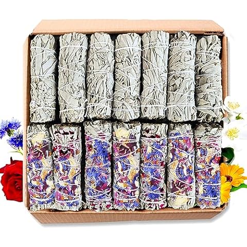 The Aroma Factory 8 Bundle White Sage + 8 Bundle with Mix Flowers Leaves for Dry Smudging, 16 Bundles x 30g Cover