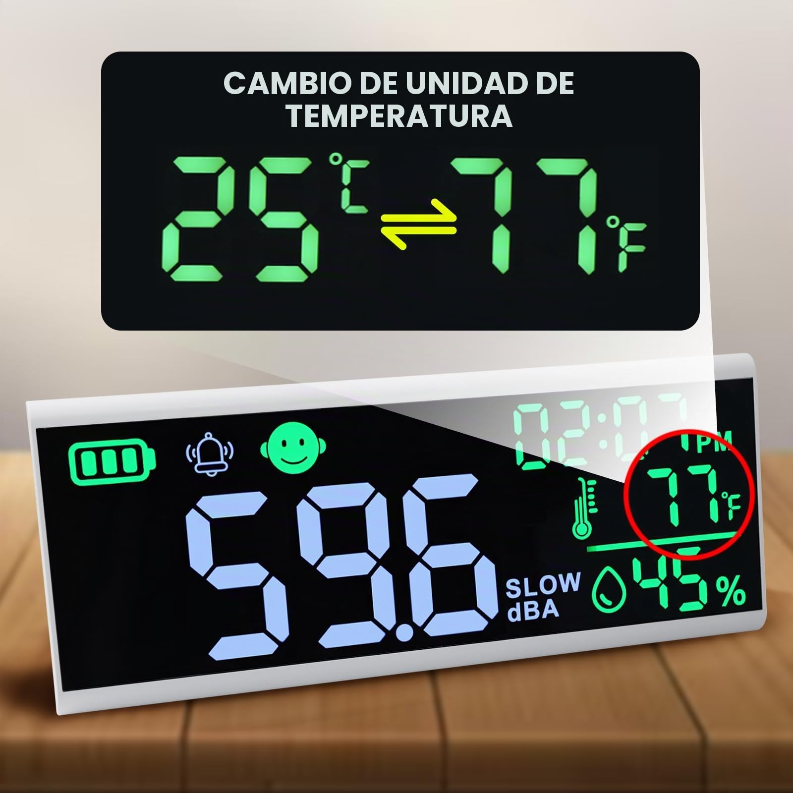 Medidor de decibelios de 13 pulgadas, medidor de nivel de sonido de pared y mesa, gran dispositivo LED para mostrar decibelios, hora, temperatura y humedad con zumbador y alarma de símbolo para aulas