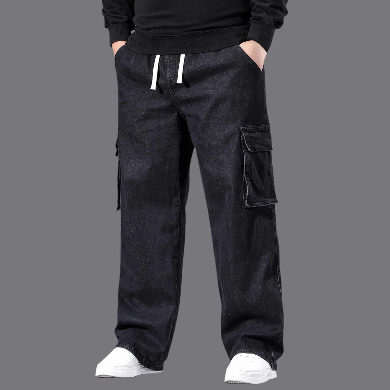 Generisch Cargo Jeans Herren Baggy Outdoor Cargo Hose Mit Taschen Sommer Stretch Jeans Übergrößen Jogginghose Jeanshose mit elastischem Bund und Kordelzug Modische Jeans zum Ausgehen