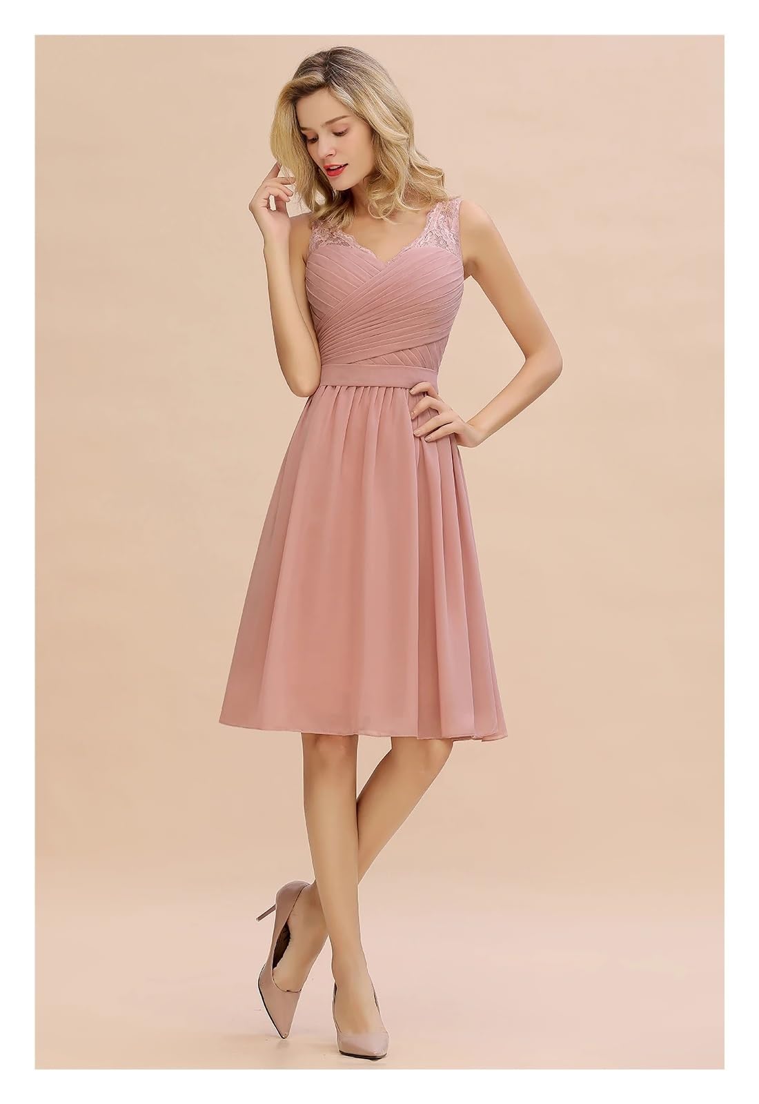 Abito da Damigella d'Onore con Scollo a V Sottoveste, Gonna in Chiffon a Trapezio, Lunghezza al Ginocchio, Abito Sposa, Donna(Burgundy,2)