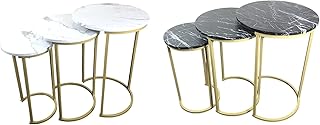FEFE Set of 3 Round Vintage Wooden/Steel Nesting Side Coffee Tables Stacking Sofa Side, Space Saving Tea Table for Hallway Living Room Bedroom Office Black Marble Look (Black)
