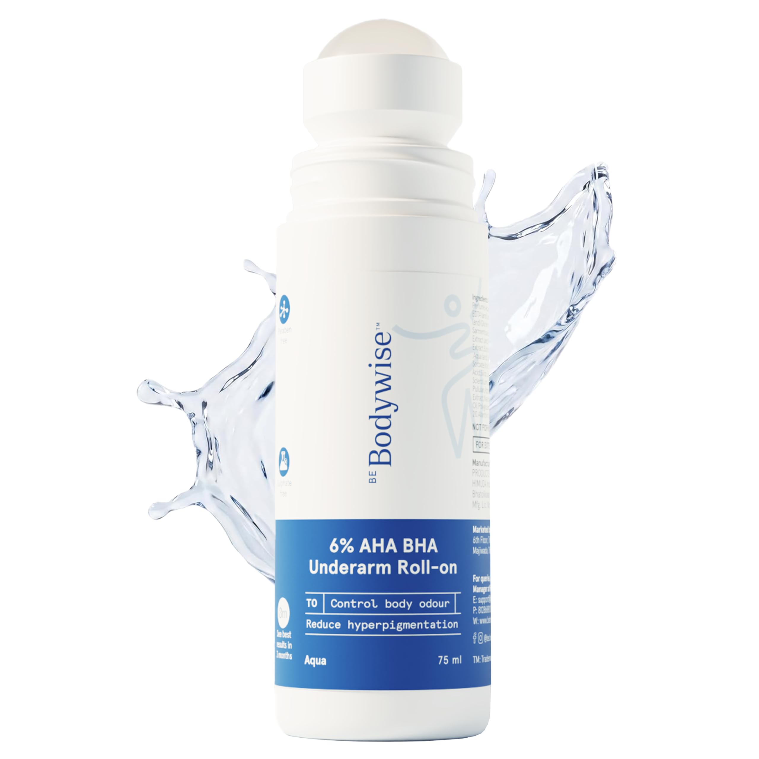 Be Bodywise 6% AHA BHA Underarm Roll On 75ml | 4% Lactic Acid, 1% Mandelic Acid, 1% Salicylic Acid | Controls Odour & Reduces Pigmentation for even tone skin | 0% Alcohol & 0% Aluminium | Aqua Fragrance-image-44