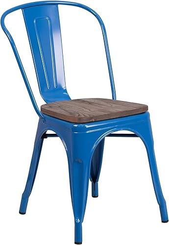 Flash Furniture Perry - Silla apilable de metal con asiento de madera, 1 paquete, azul