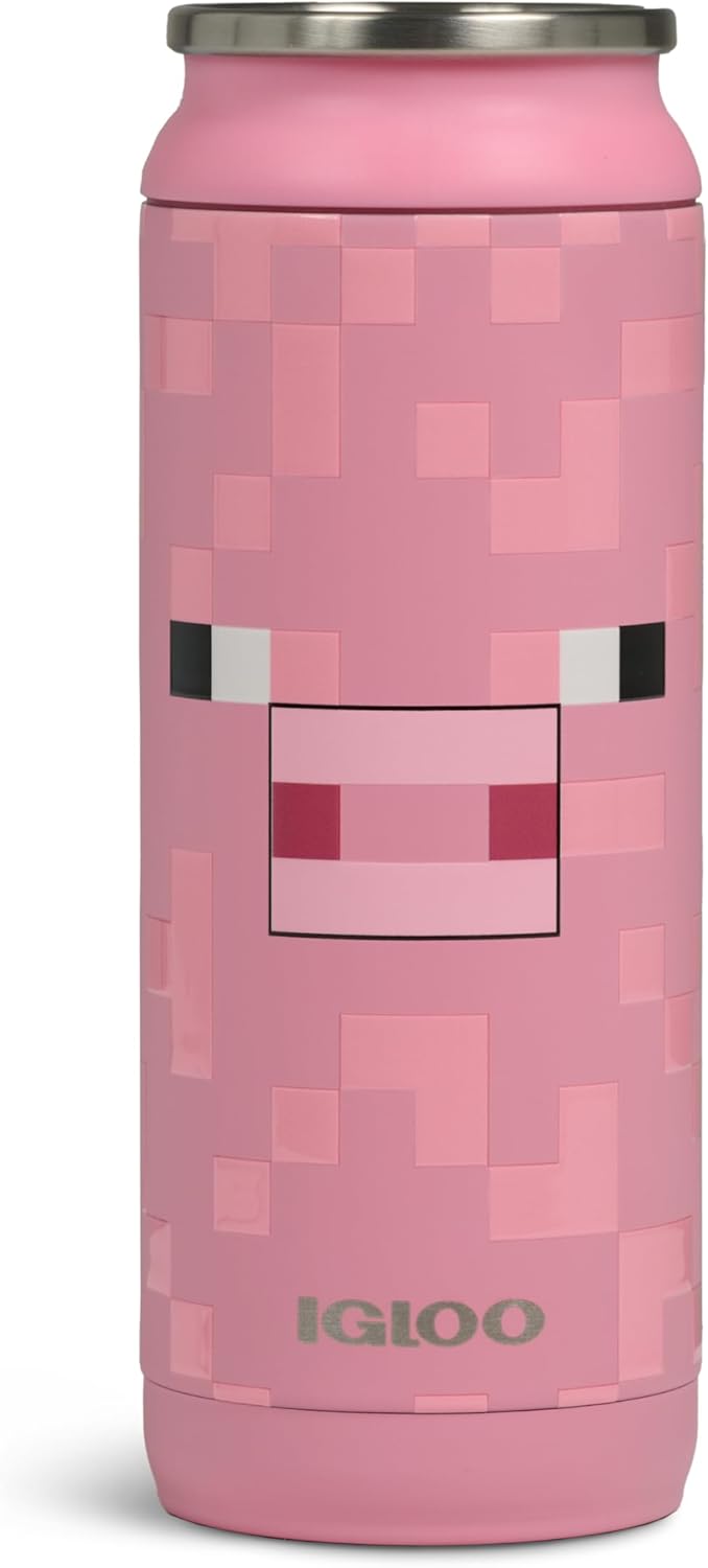Igloo MineCraft Pig 16 oz Stainless Steel Hydration Can, Insulated Water Bottle, Reusable Travel Mug