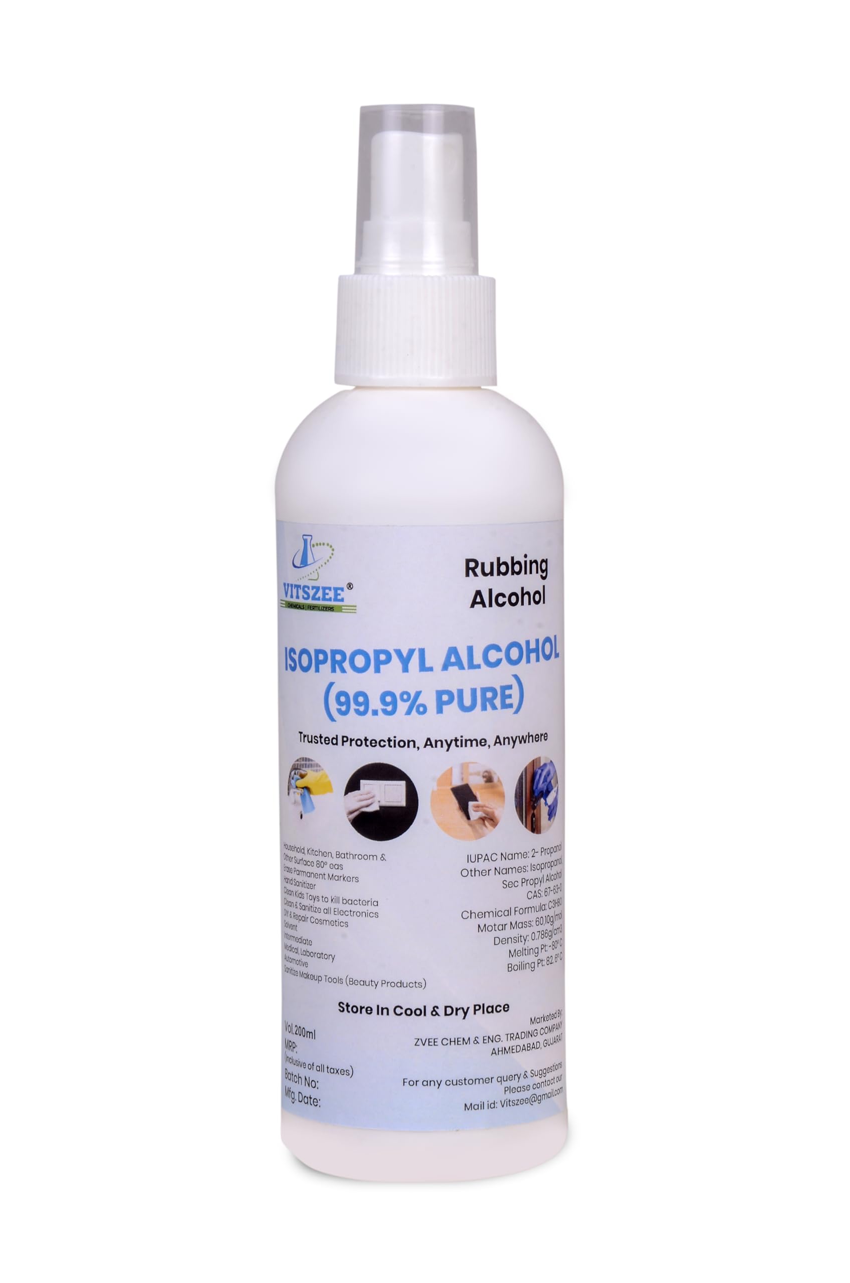 VITSZEE Pre cleaner IPA ISO Propyl Alcohol 250ml 99.9% Pure Home Medical Surgical and Hospital use, Glass Tiles Metal and Surface Cleaning Stain and Dust Remover-image-3