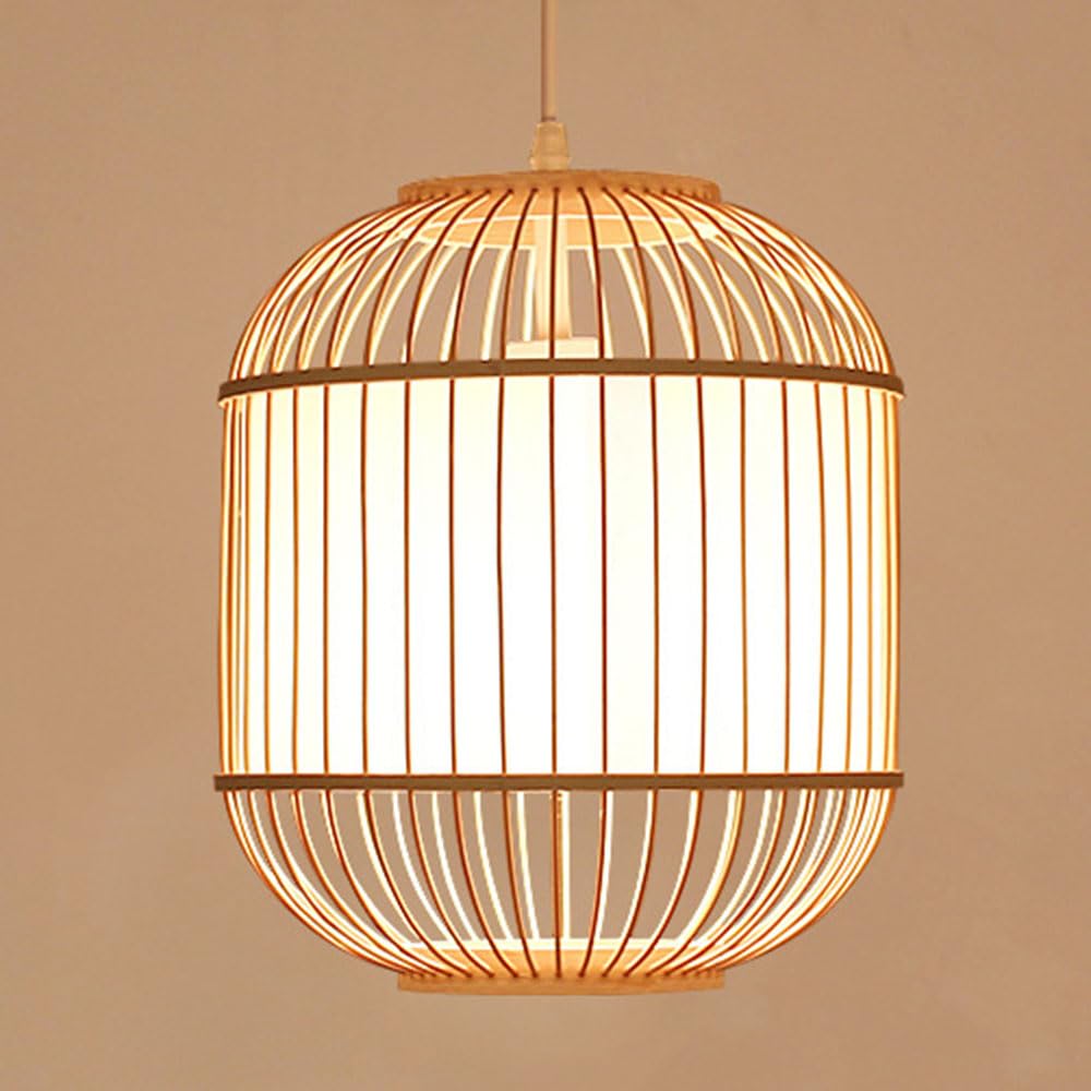 CSSYKV Japanese-Style Pendant Light Zen Style Bamboo Lantern 19.7'' Long Bamboo Birdcage Chandelier with Faux Parchment Lampshade E26 Socket for Kitchen Island Living Room Unique Lightings