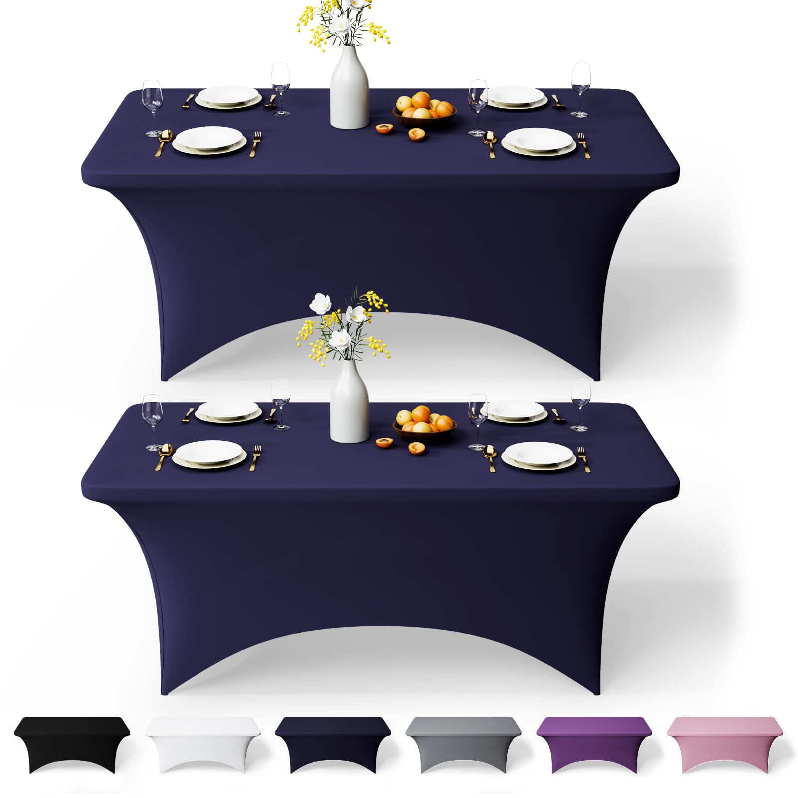 GFCC 8FT Spandex Table Covers 2 Pack - Navy Blue Stretch Fitted Rectangular Tablecloth Washable & Wrinkle Resistant Spandex Tablecloths for Party, Wedding, Banquet, Events & Home
