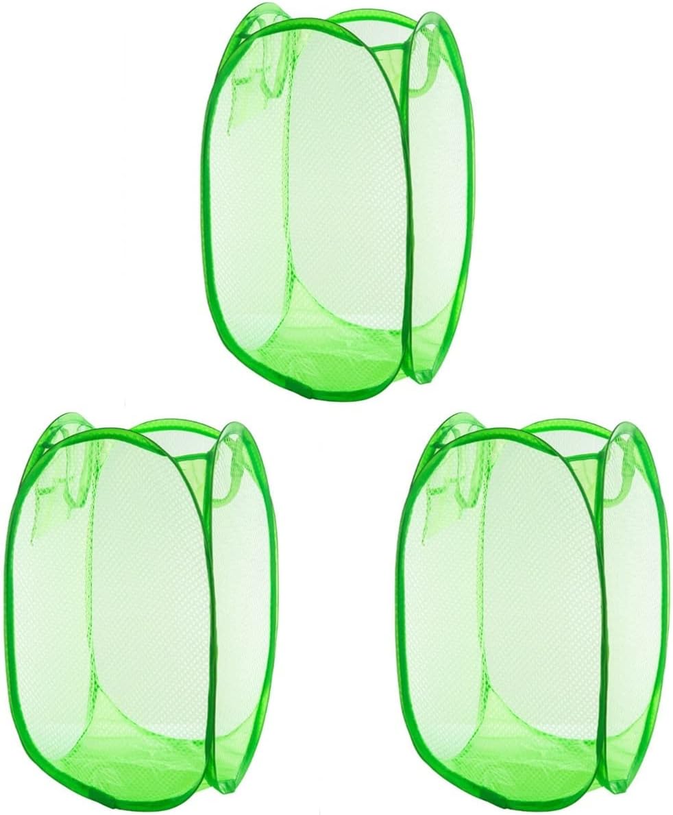 Zerodeko 3pcs Foldable Mesh Laundry Hamper Basket Easy Open Design for College Sturdy Construction Breathable Material Side Pocket for Green Color for Dirty Clothes Storage