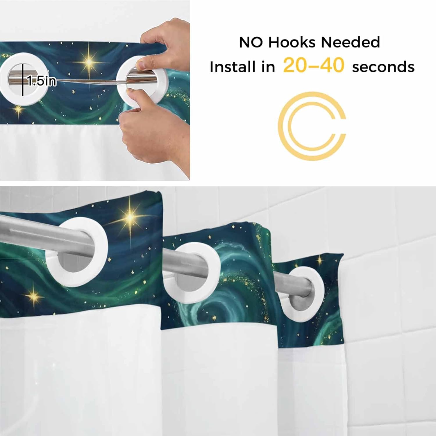 No Hook Shower Curtain and Snap in Liner Set, Green Starry Sky Fabric Bathroom Shower Curtains 66x72 Inch, See Through Mesh Top Window, Golden Stars Fantasy Cosmos Hotel Style, Washable Waterproof