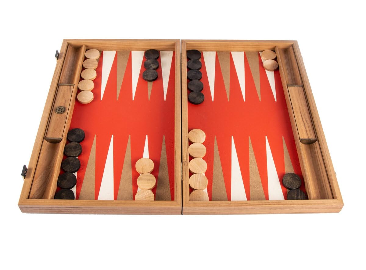 Manopoulos Cinnabar Red 19-inch Backgammon Set with Wooden Case and Leatherette Playing Surface
