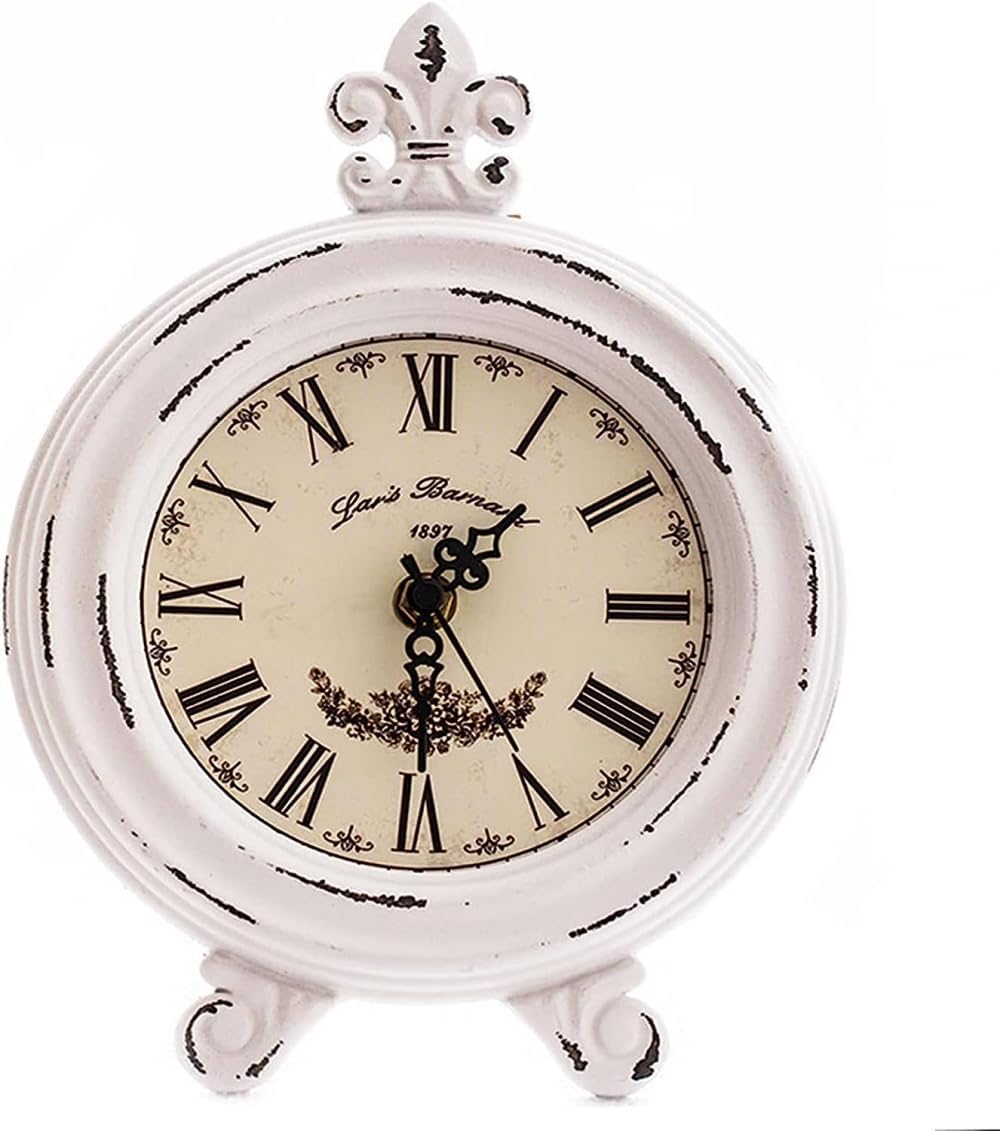 Vintage Table Clock, Silent Bedside Clocks Battery Operated Non Ticking Desk Clock Analogue Alarm Clock, Farmhouse Table Clock Wooden Small White Antique Clock (A)